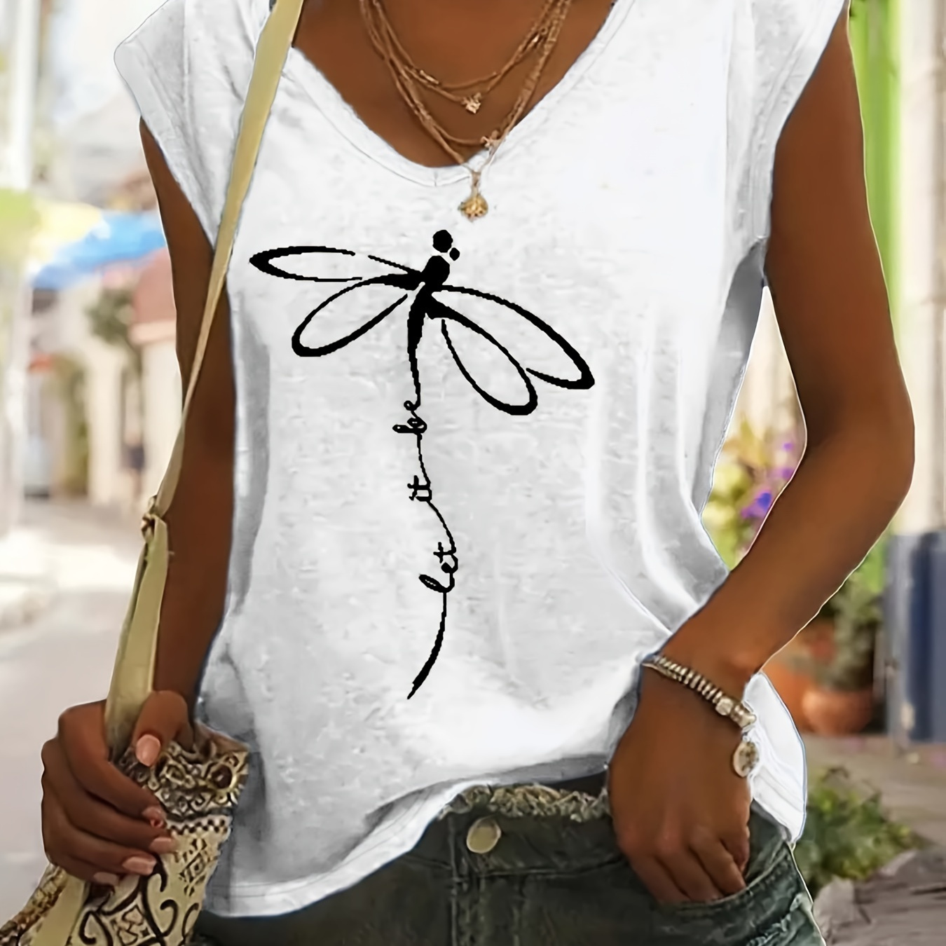 

T-shirt à col en V imprimé libellule, t-shirt décontracté à manches courtes pour le printemps et l'été, vêtements pour femmes