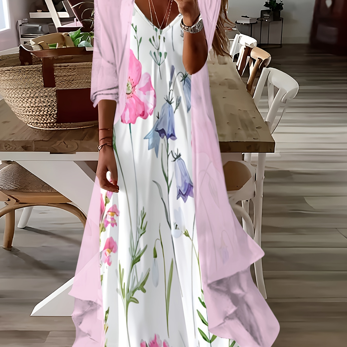 

Elegant Floral Print V-neck Dress Set With Kimono Sleeve Cover-up, 100% Polyester, Spring/autumn Vacations - Machine Washable