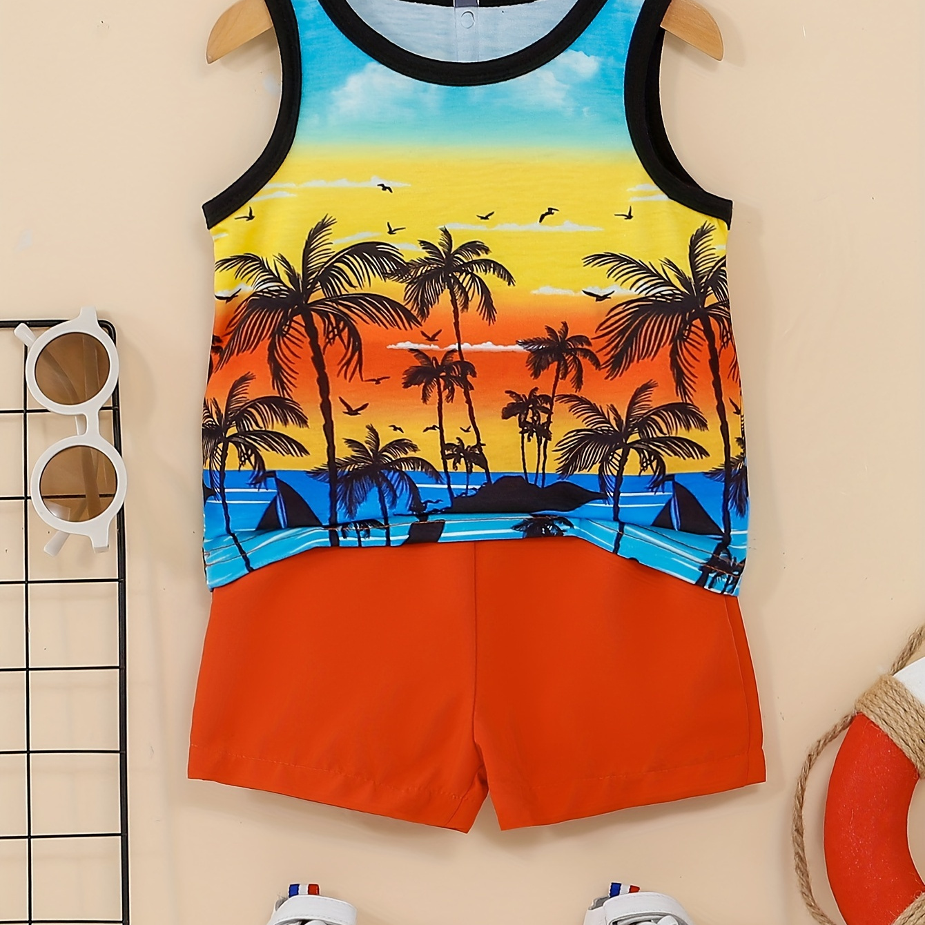 

2pcs Infant & Toddler's Colorful Coconut Tree Print Summer Set, Sleeveless Tank Top & Casual Shorts, Baby Boy's Clothes