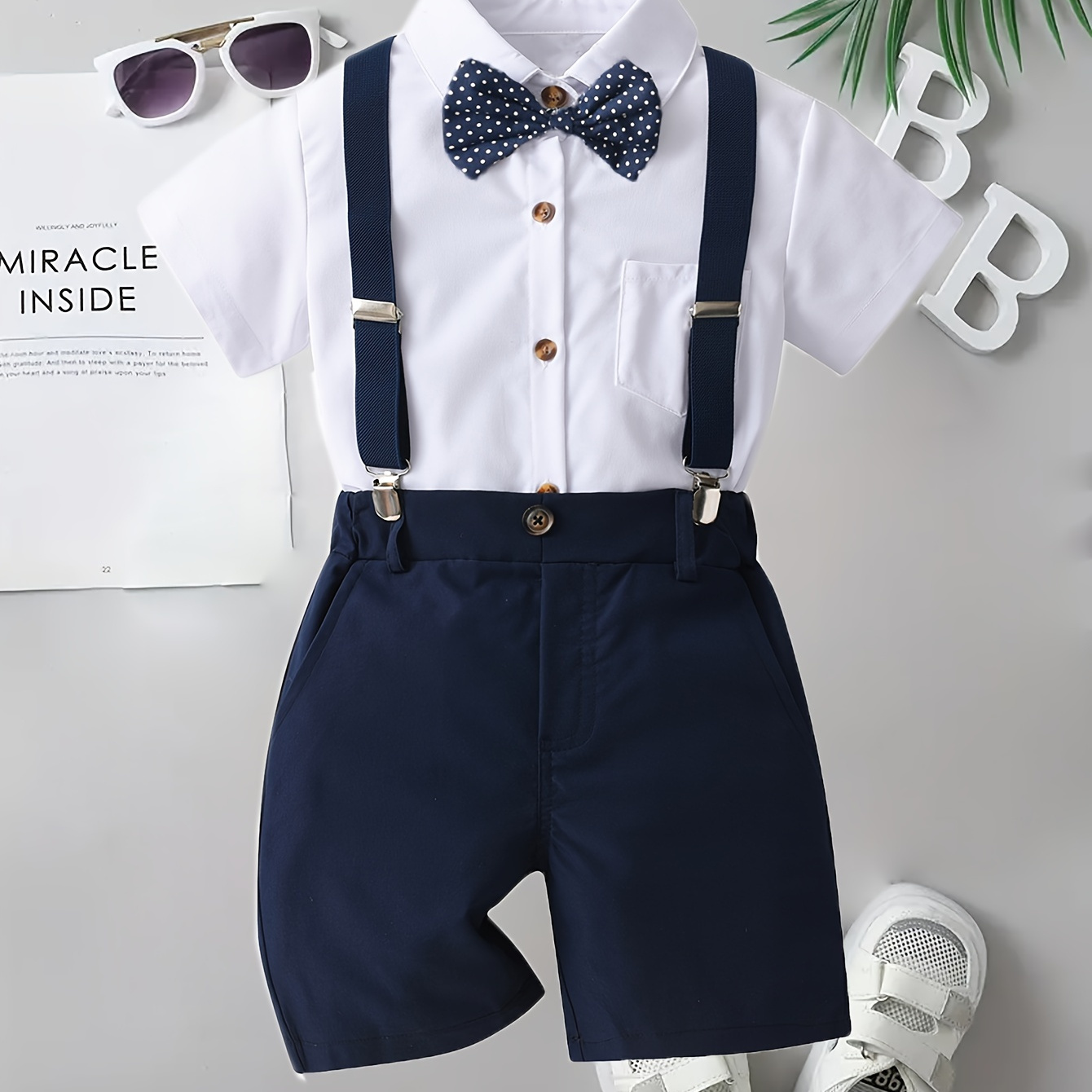 

4pcs Boys Formal Gentleman Outfits, Short Sleeve Shirt&bowtie&pants&suspender, Kids Clothing Set For Competition Performance Wedding Banquet Dress