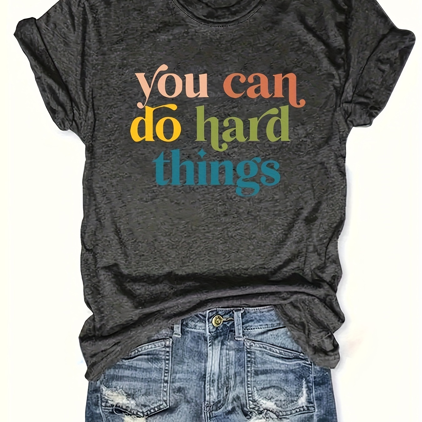 

You Can Do Hard Things" Inspirational Letter Print T-shirt - Casual Crew Neck, Short Sleeve Top For Women - Breathable Polyester , Machine Washable - Summer