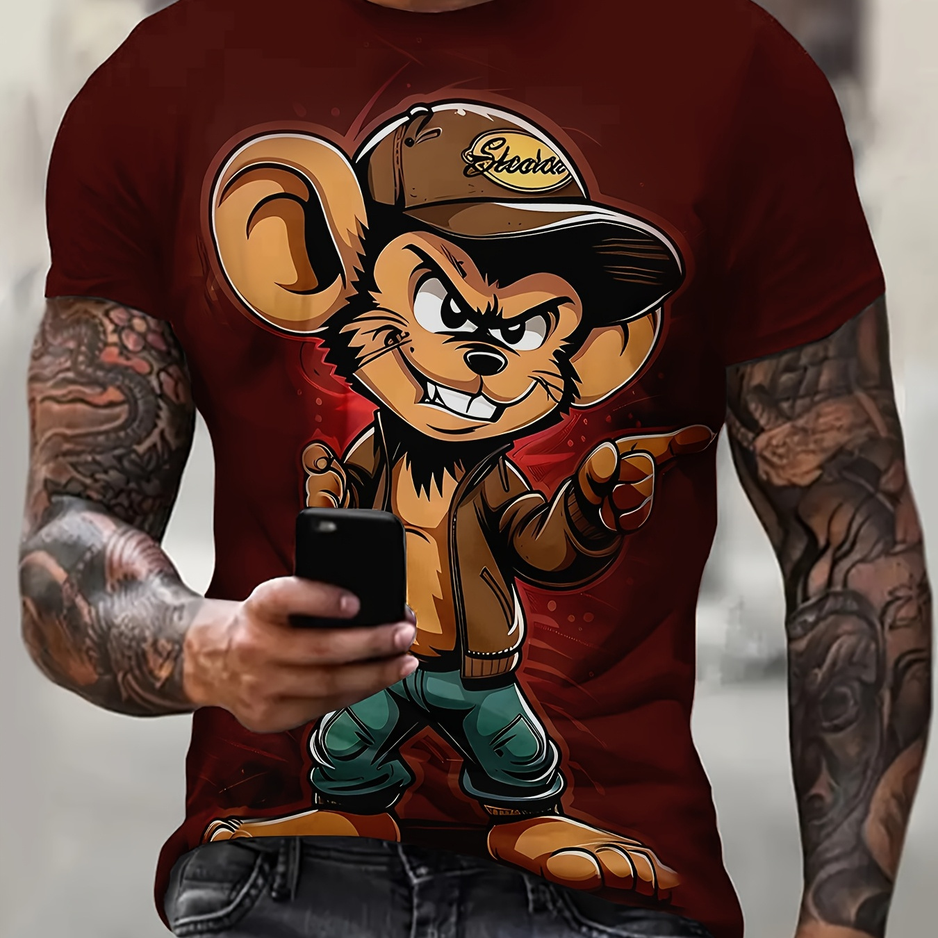 

Men's Cartoon Mouse Graphic T-shirt, Casual Crew Neck, Short Sleeve, 100% Polyester Knit Fabric, Fit, Animal Pattern Pullover Tee