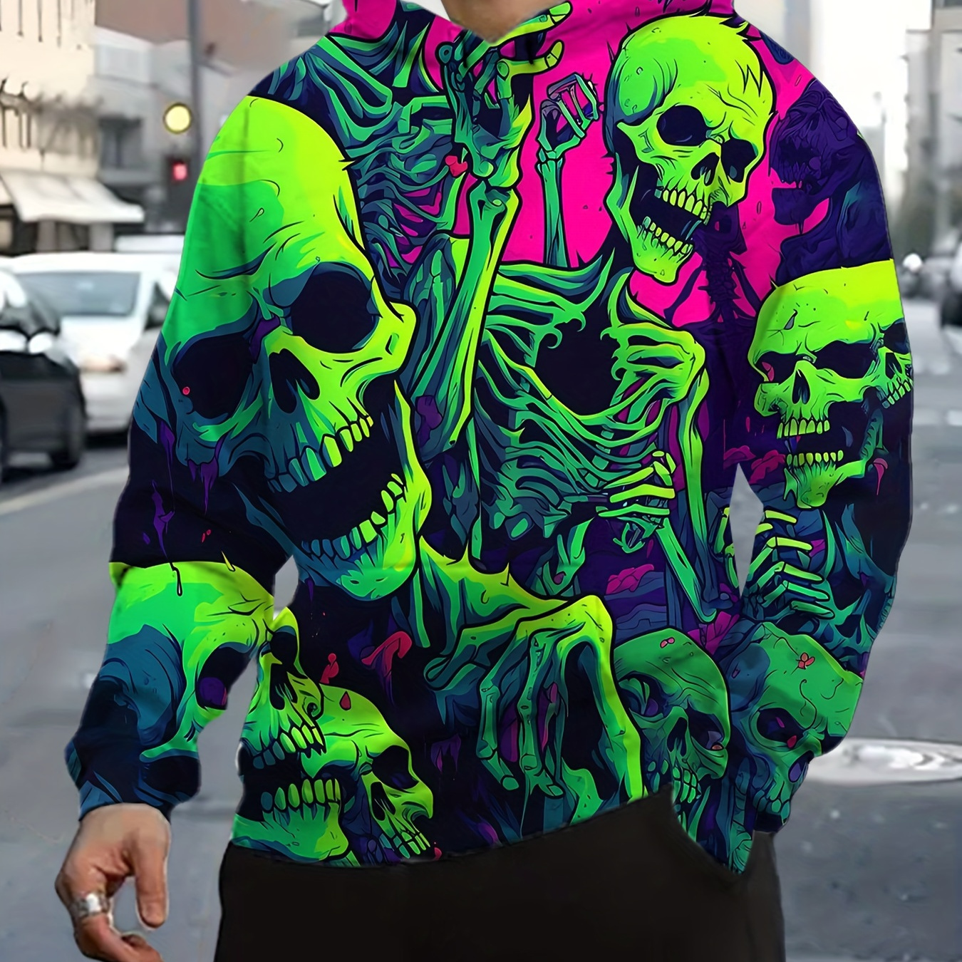 

Men's Fashion Hoodie With Printed Skeleton Design, Casual Polyester Hoodie With Drawstring, Knit Fabric, Elastic, And Pocket Details - Loose Fit