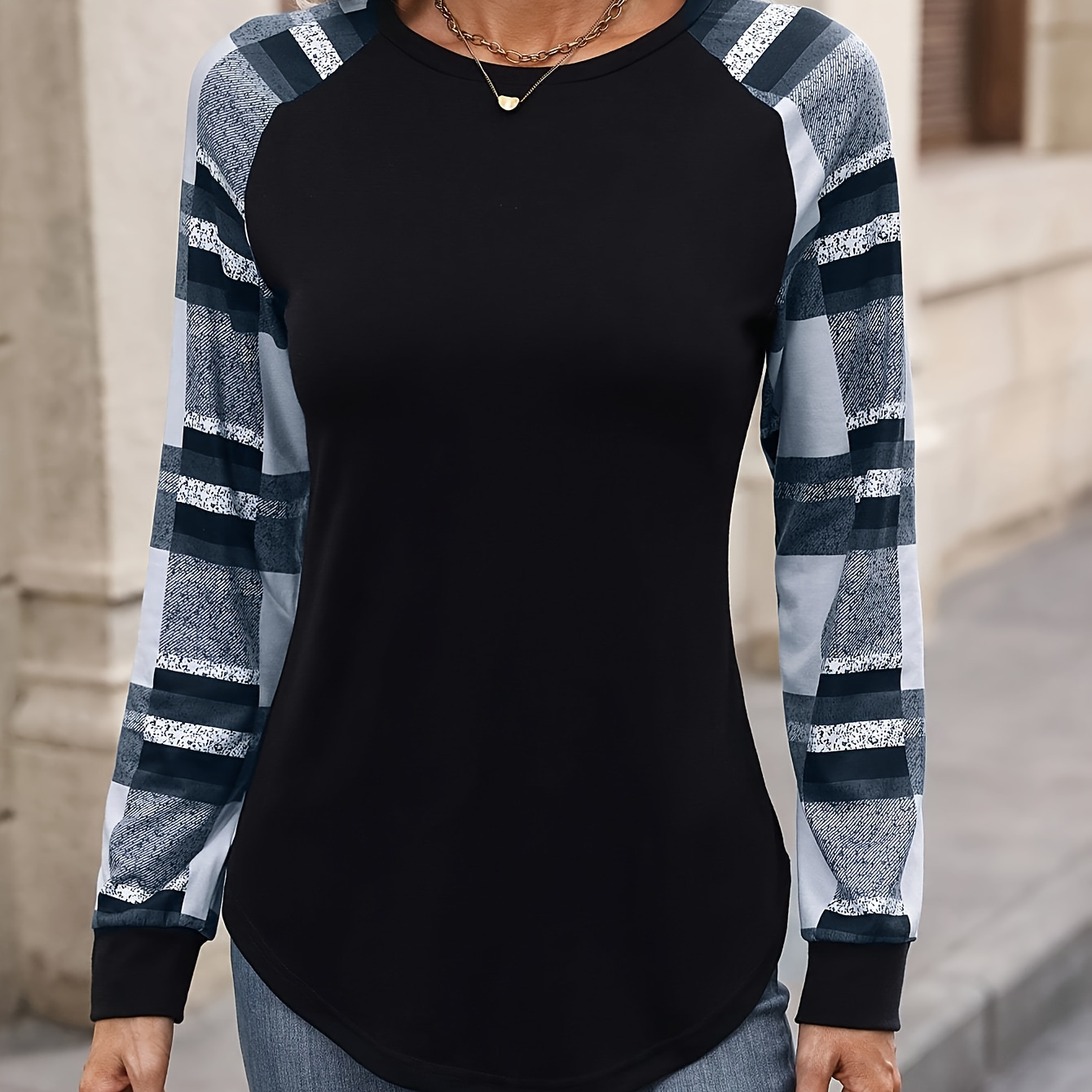 

Color Block Raglan Long Sleeve T-shirt, Casual Crew Neck Top For Spring & Fall, Women's Clothing