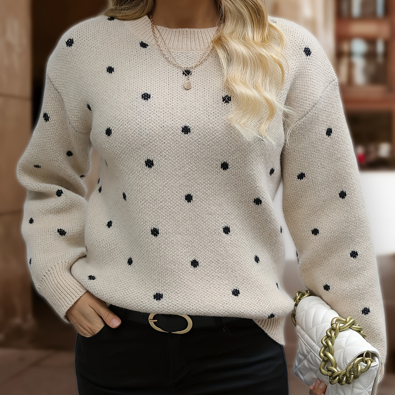 

Polka Dot Crew Neck Pullover Sweater, Elegant Long Sleeve Basic Sweater, Women's Clothing