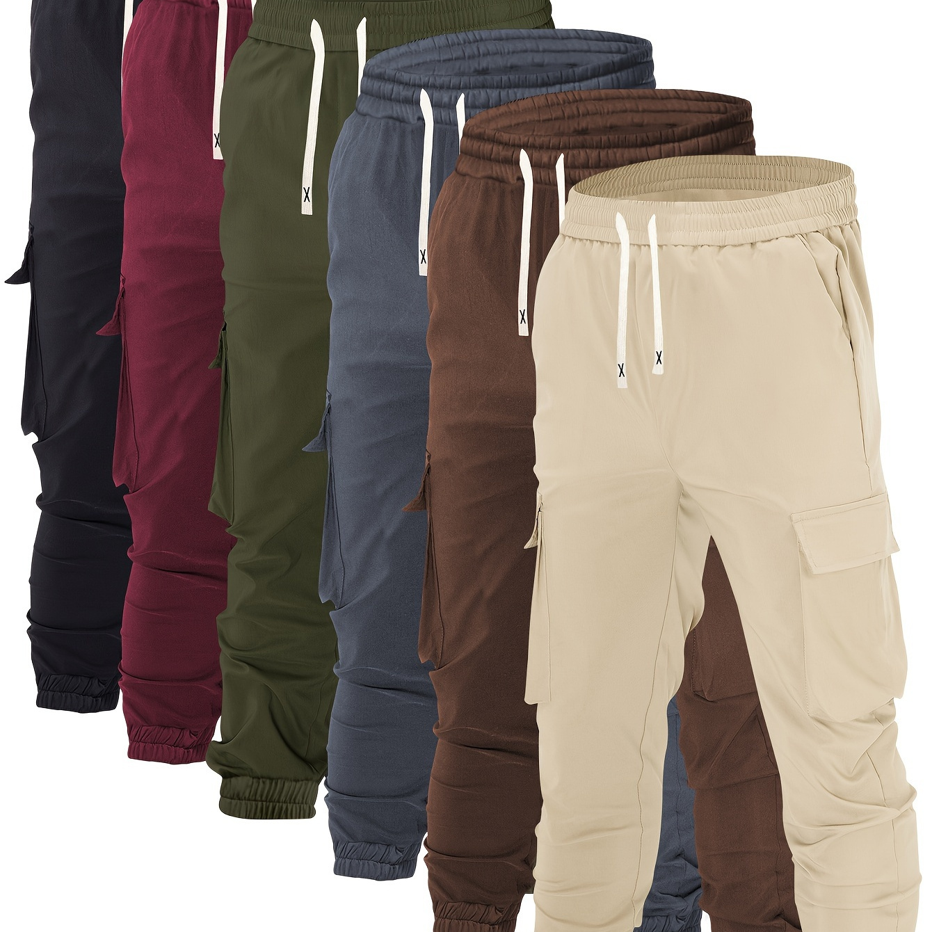 

Men's 6pcs Utility Drawstring Waist Cargo Pants, Casual Joggers With Multiple Pockets, Fall/winter