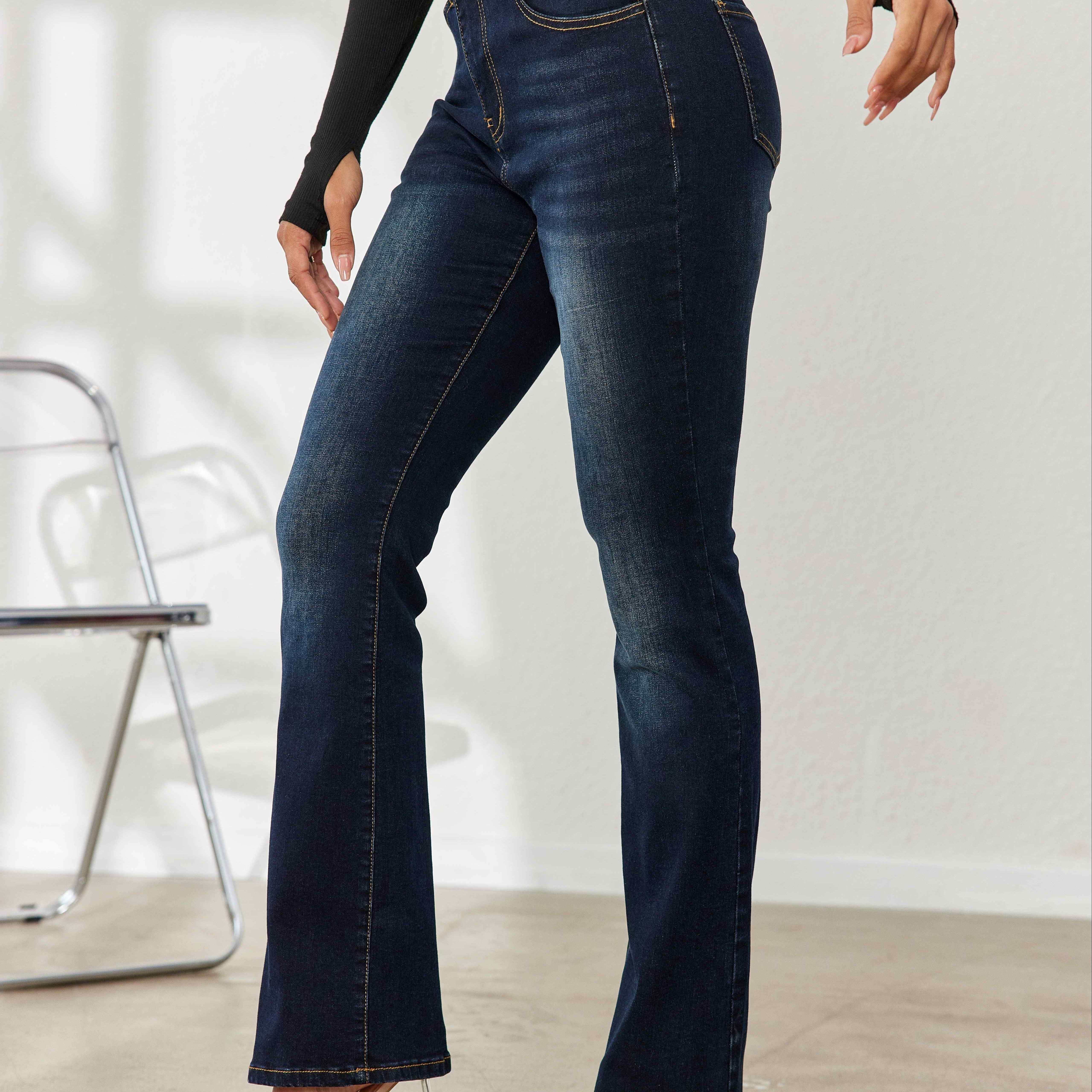 

Blue Slant Pockets Bootcut Jeans, High Stretch Slim Fit Washed Denim Pants, Women's Denim Jeans & Clothing