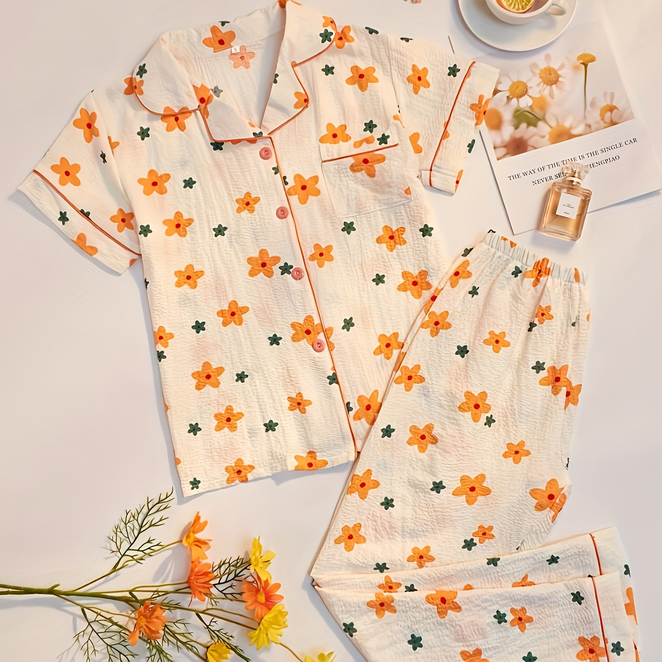 

Floral Print Textured Cozy Pajama Set, Cute Short Sleeve Button Up Lapel Collar Top & Elastic Pants, Women's Sleepwear & Loungewear