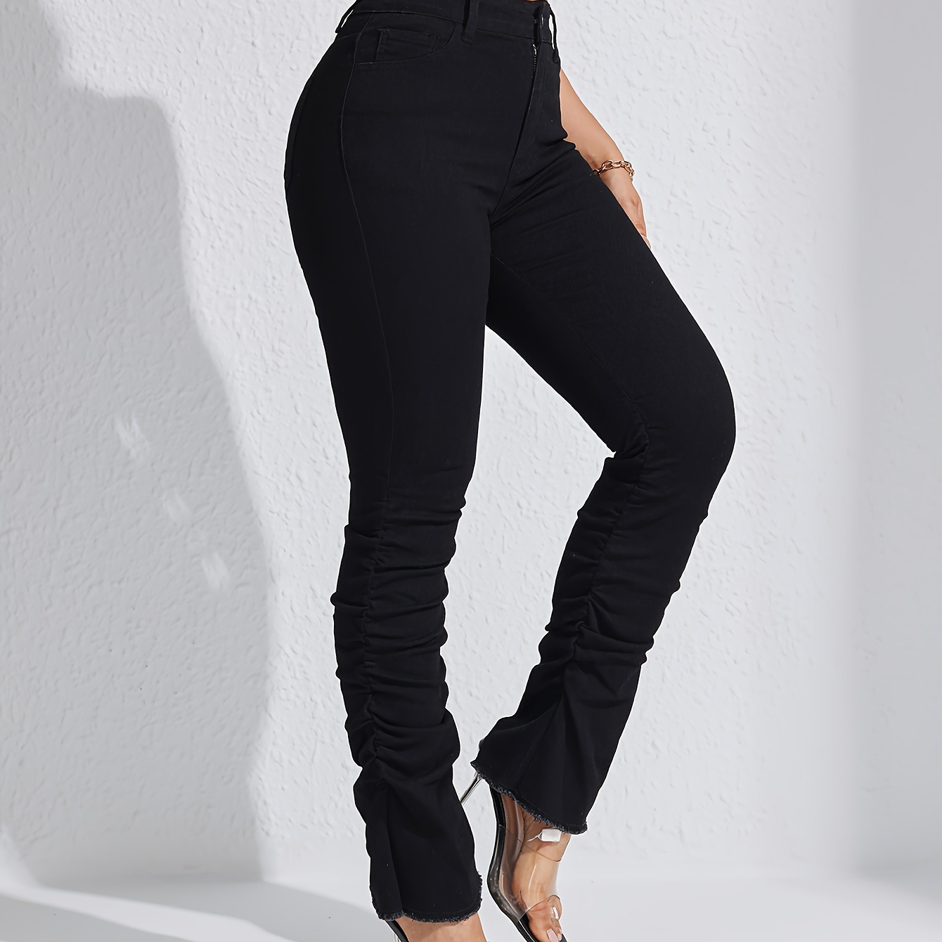 

Plain Black Color Ruched Stacked High Stretch Skinny Fit Denim Pants, Women's Denim Jeans & Clothing For Fall