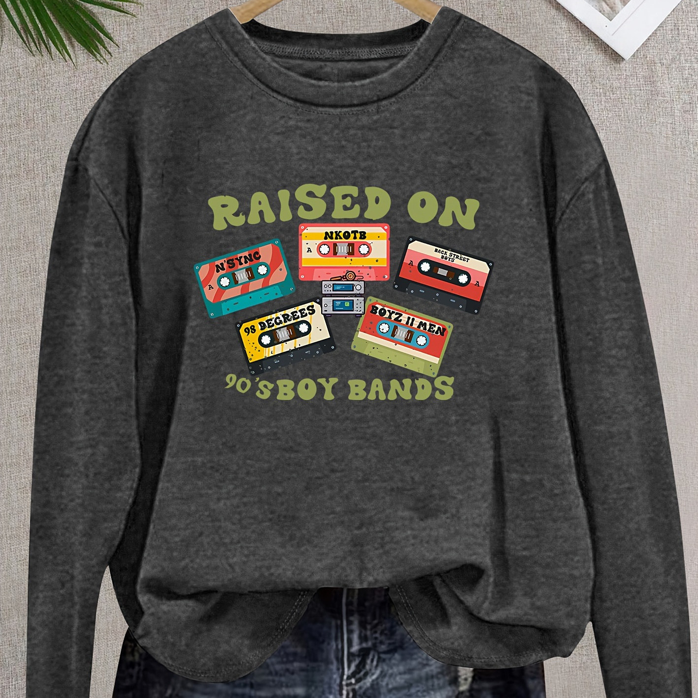 

Vintage-inspired Polyester Crew Neck T-shirt, Casual Long Sleeve Top, With 90s Boy Bands Graphic, For Women, Spring/summer/fall Knit Fabric With Medium Stretch