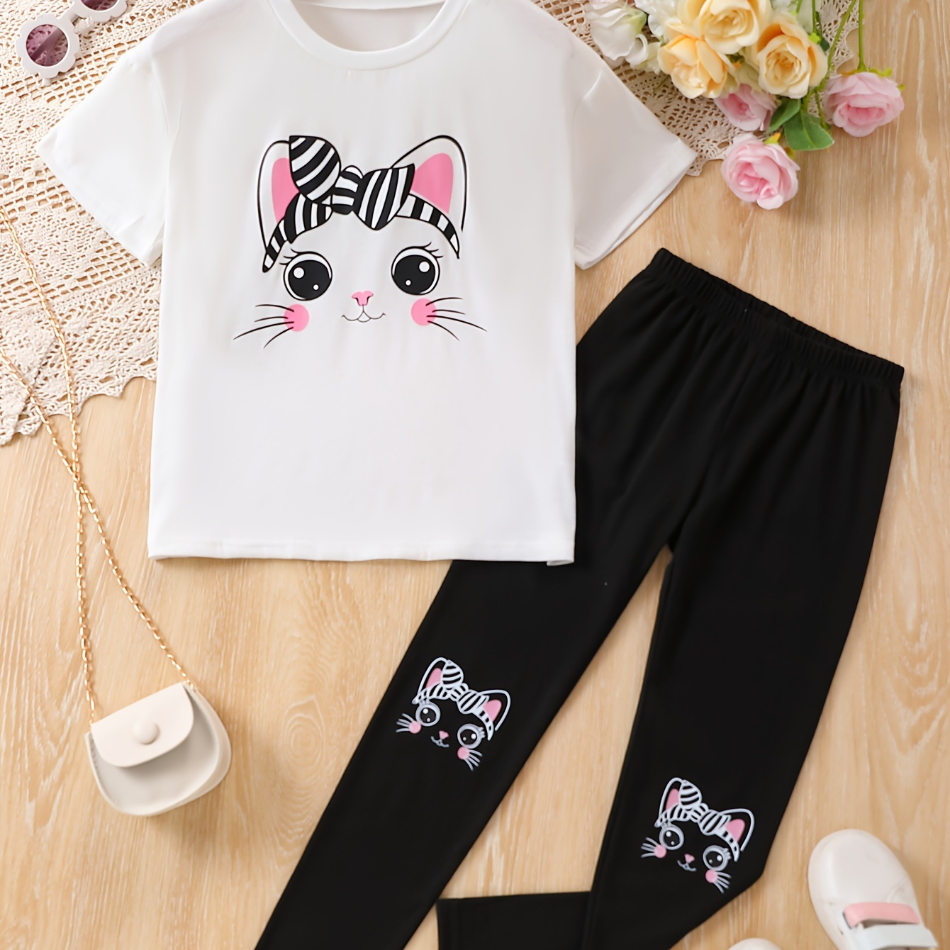 

2pcs, Cute Cartoon Cat Print Outfits Girls Short Sleeve T-shirt Top + Pants Set For Summer Gift