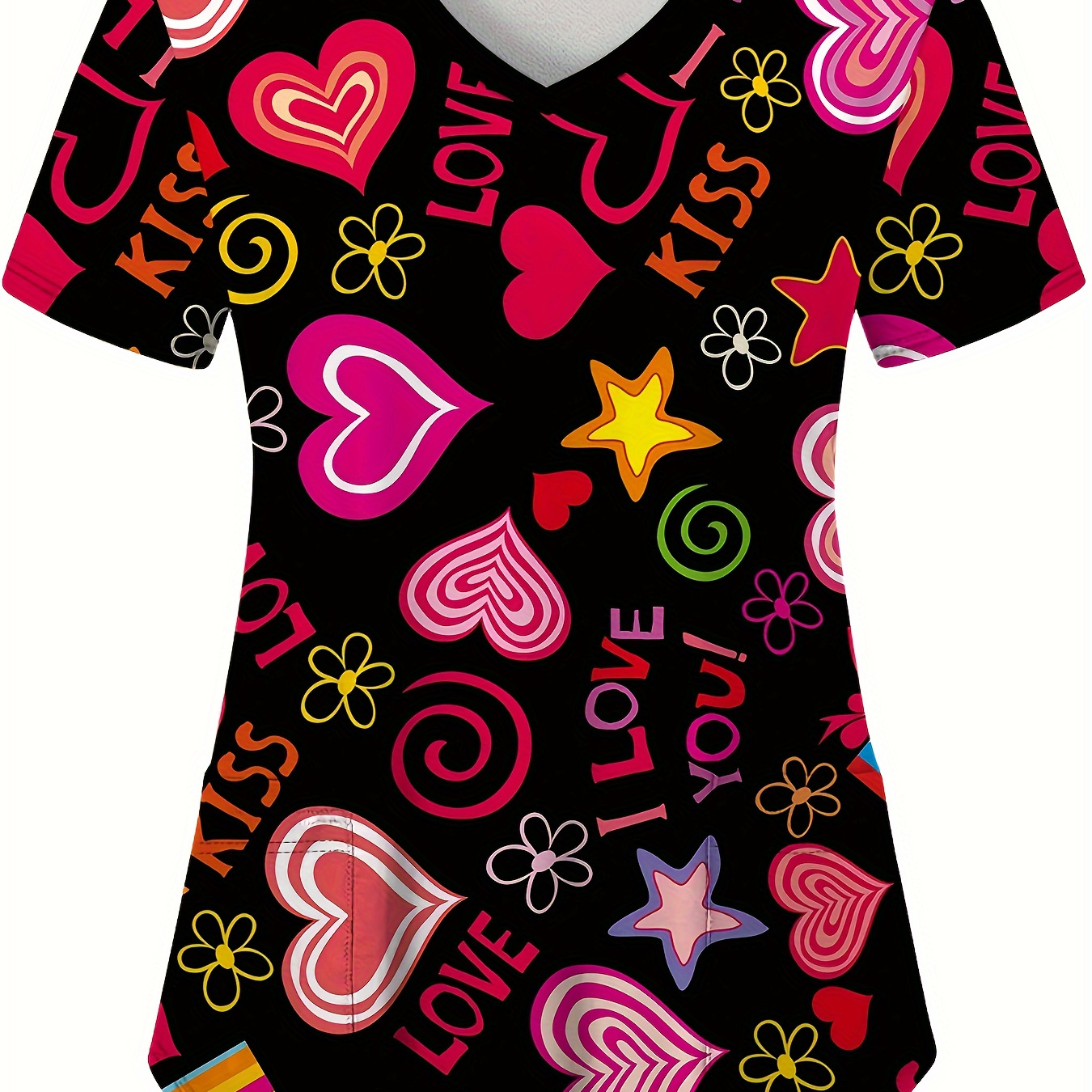 

Print Short Sleeve V-neck Top, Comfortable And Uniform, Fashionable Female Uniform, Patch And