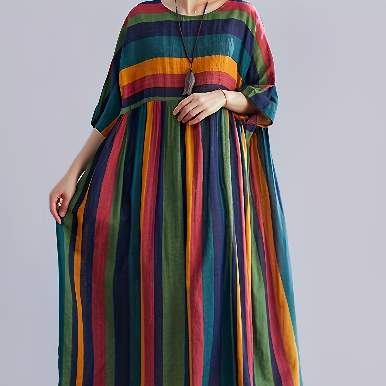 

Plus Size Colorblock Stripe Print Loose Dress, Casual 3/4 Sleeve Dress For Spring & Summer, Women's Plus Size Clothing