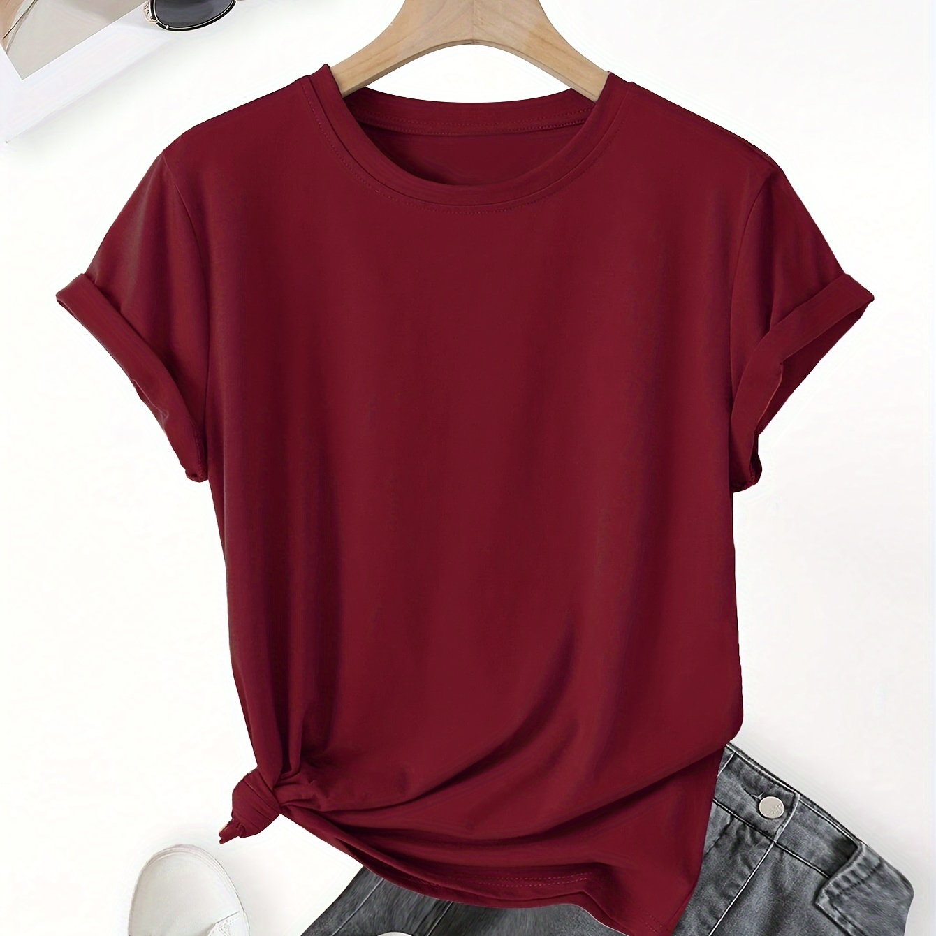 

Solid Color Crew Neck T-shirt, Casual Short Sleeve Top For , Women's Clothing