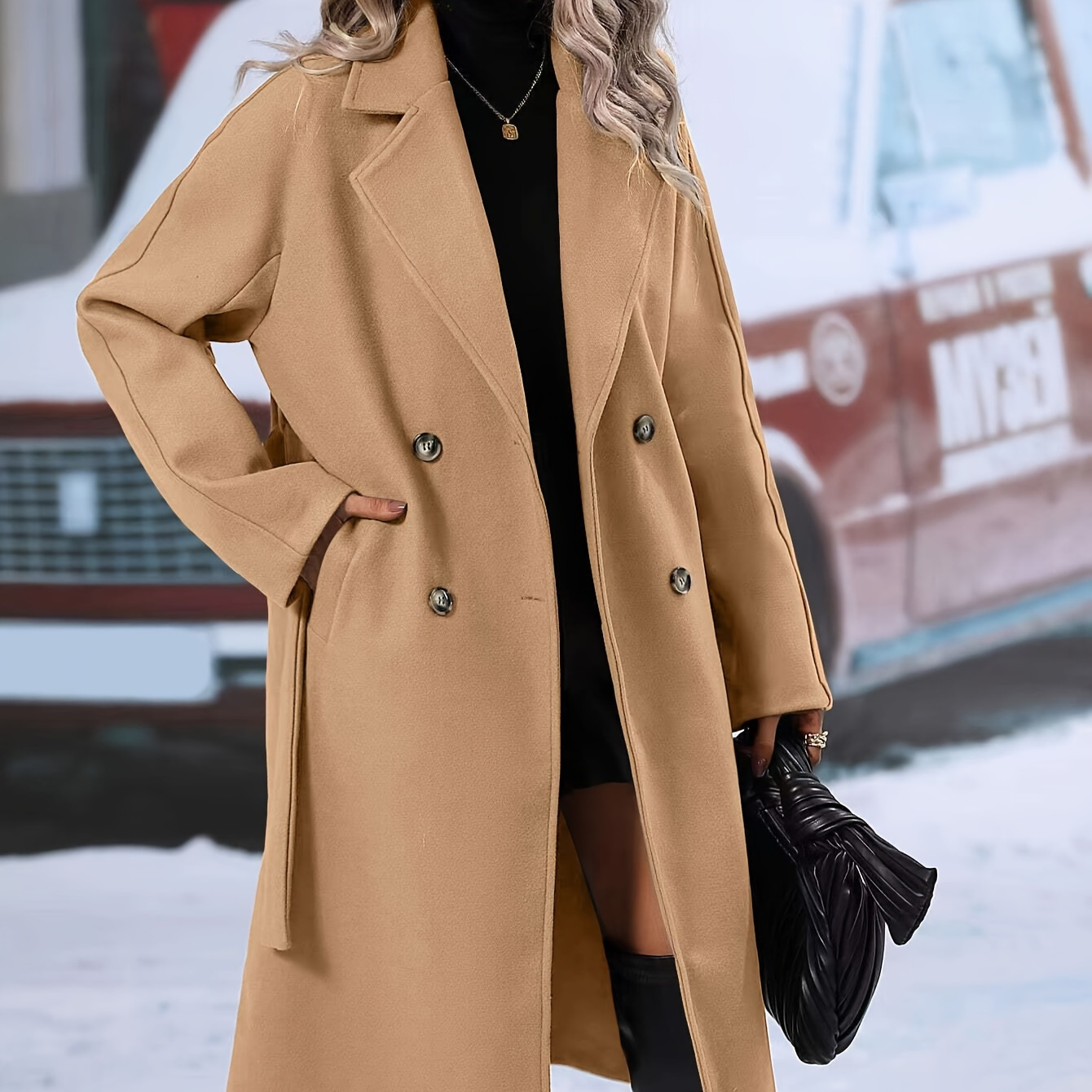 

Lapel Neck Double Breasted Belted Overcoat, Elegant Solid Color Pocket Coat For Fall & Winter, Women's Clothing