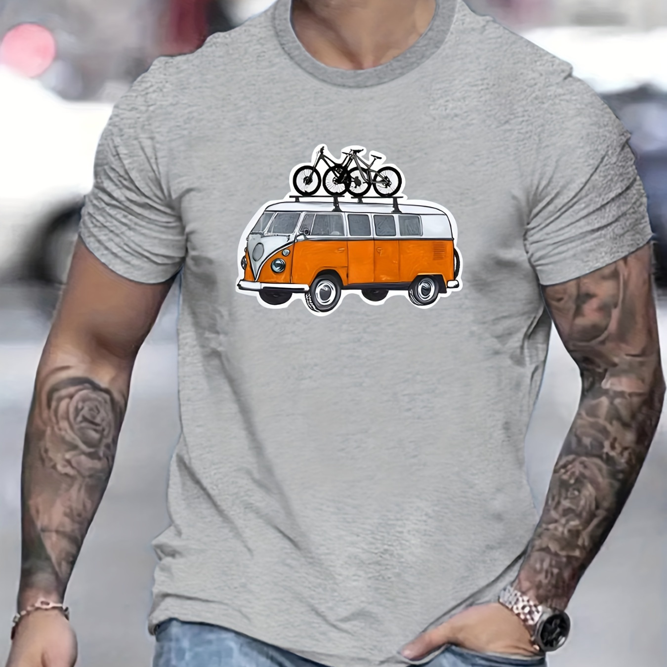 

Bikes On A Van Print T Shirt, Tees For Men, Casual Short Sleeve T-shirt For Summer