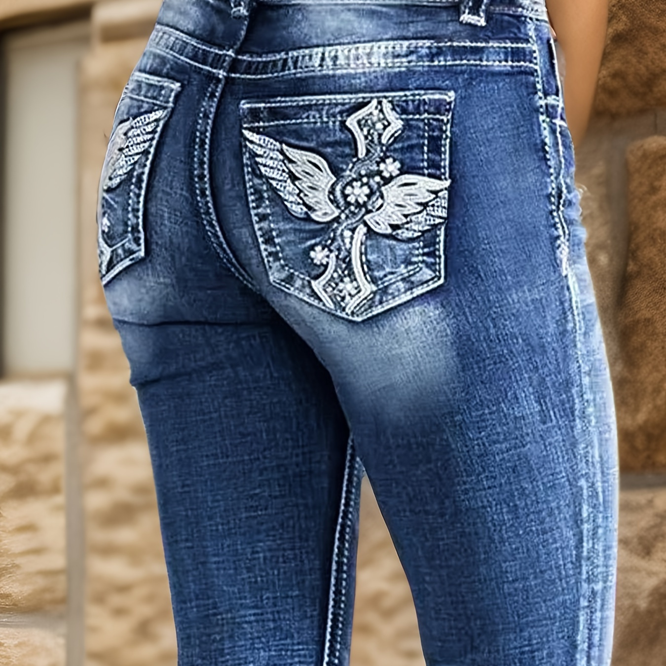 TEMU Women's Stretchy Bell-bottom Jeans - High Waist Embroidered Denim Pants With Built-in Zipper, Machine Washable, Elegant Special Collection Casual To Dressy Wear