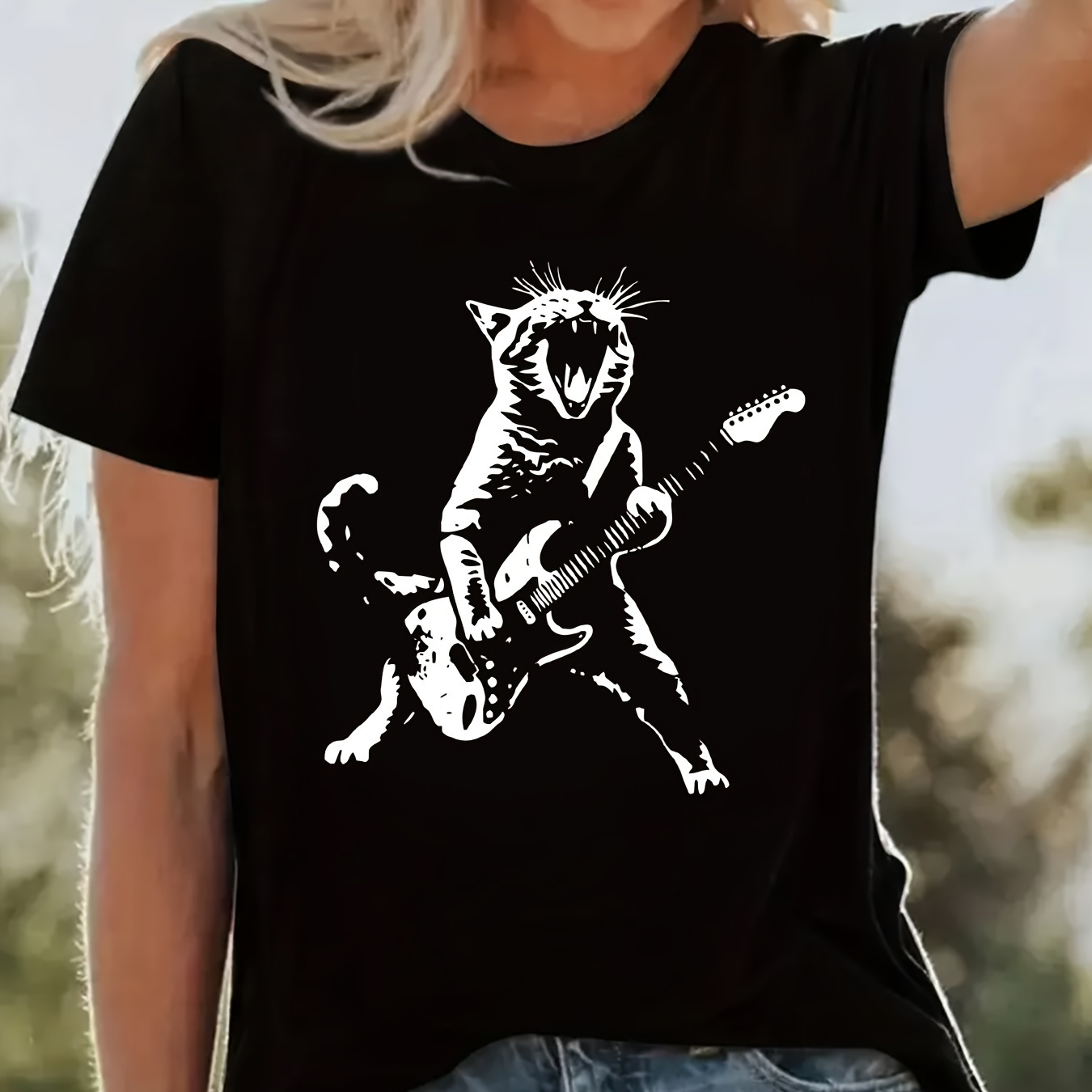 Rock Cat Print Crew Neck T shirt Casual Short Sleeve T shirt - Temu