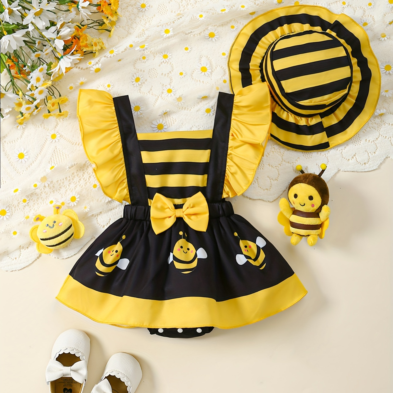 

Baby's Cute Little Bee Print Triangle Bodysuit & Color Clash Hat, Comfy Trendy Cap Sleeve Romper Dress, Toddler & Infant Girl's Onesie For Summer, As Gift