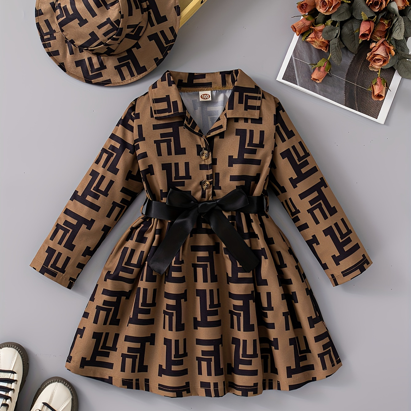 

Girls Fashion Long Sleeve Printed Dress With Collar, Regular Fit, Summer Casual Outing Style, Includes Matching Hat And Silk Ribbon