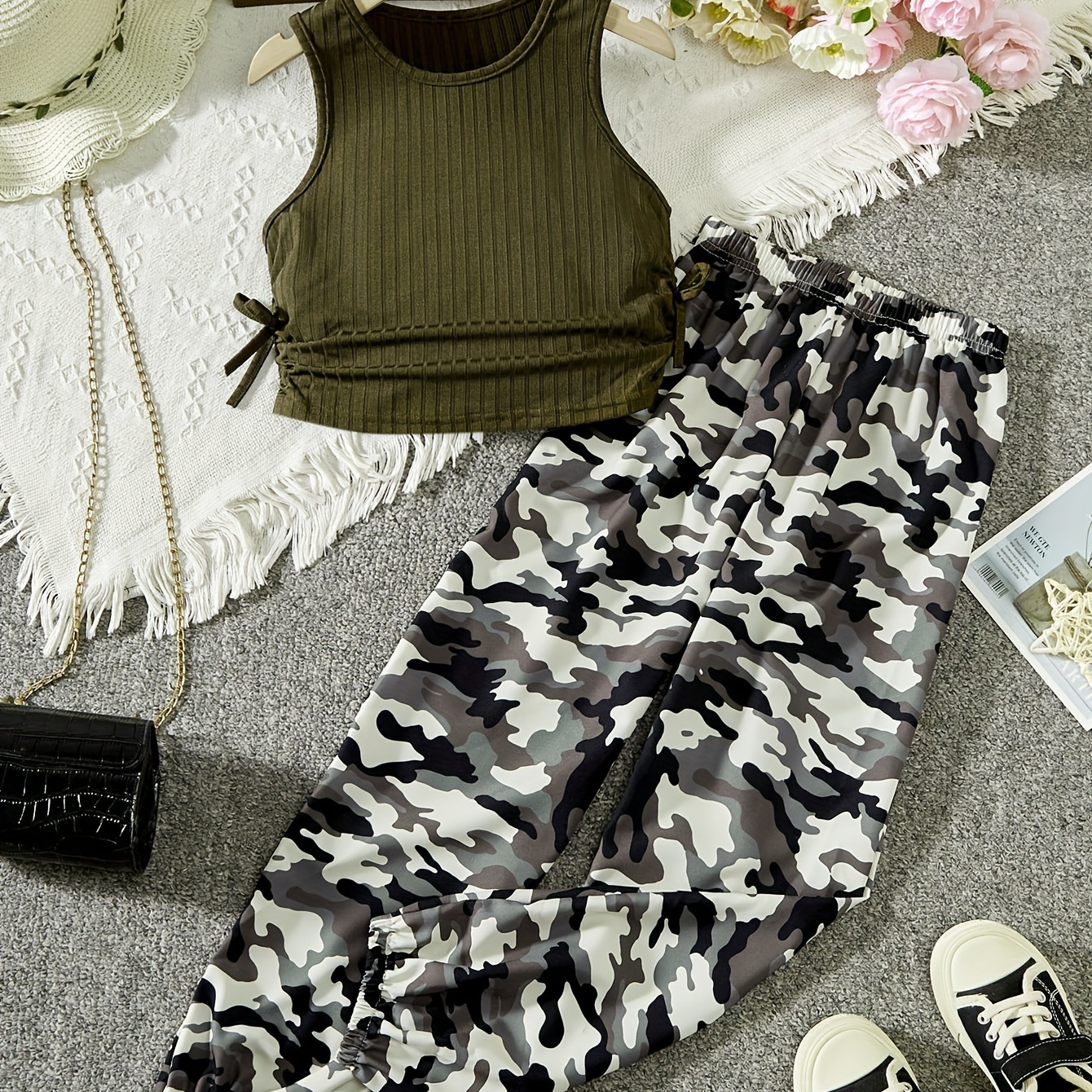 

2pcs Girls Solid Ribbed Crew Neck Sleeveless Top + Camouflage Pattern Pants Set Spring Summer Gift