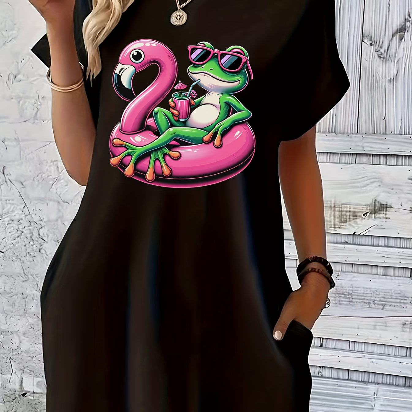 

Frog Print Crew Neck Tee Dress, Short Sleeve Casual Dress For Summer & Spring, Women's Clothing