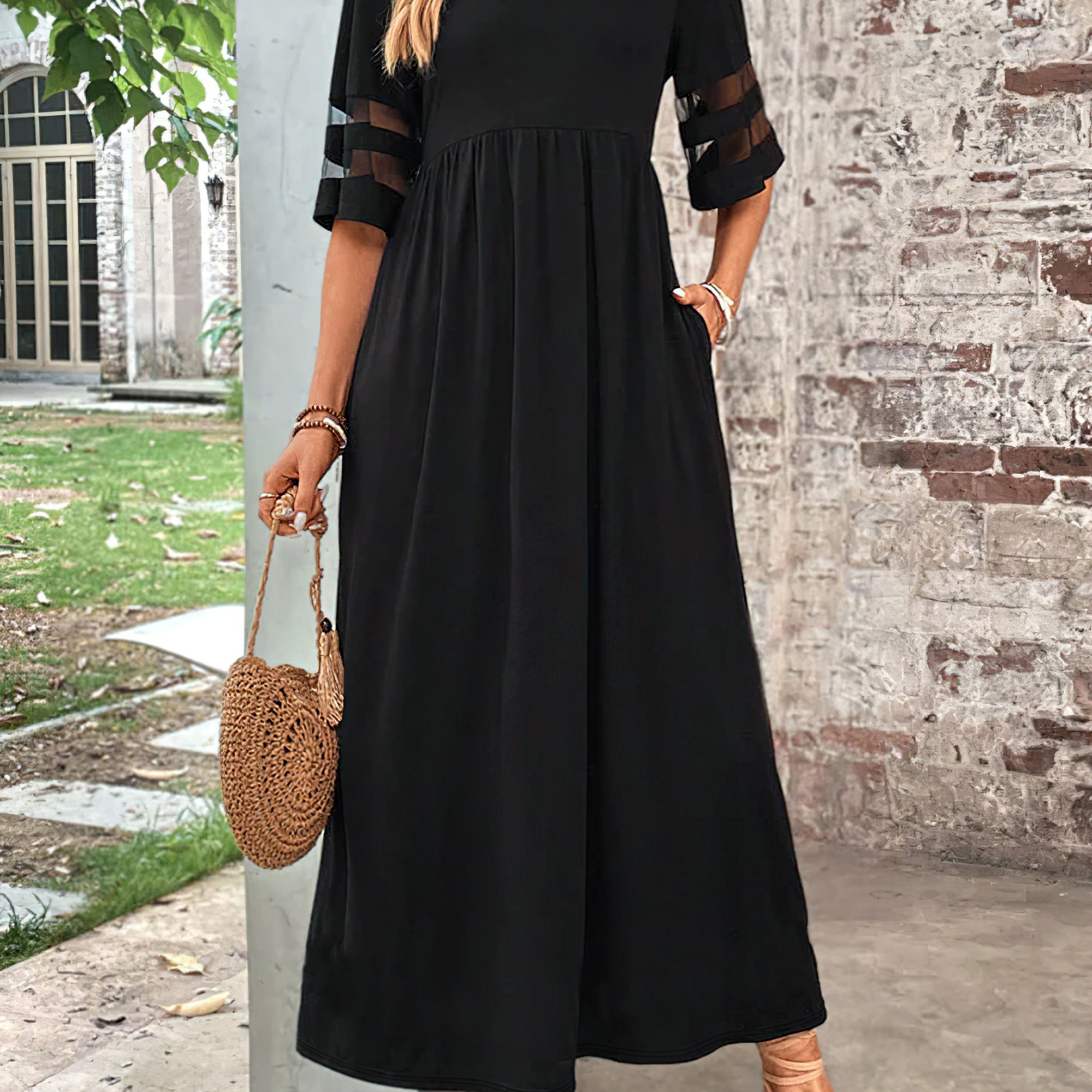 

Plus Size Solid Color Mesh Stitching Dress, Elegant Pocket Ruched Half Sleeve Crew Neck Long Length Dress For Spring & Summer, Women's Plus Size Clothing