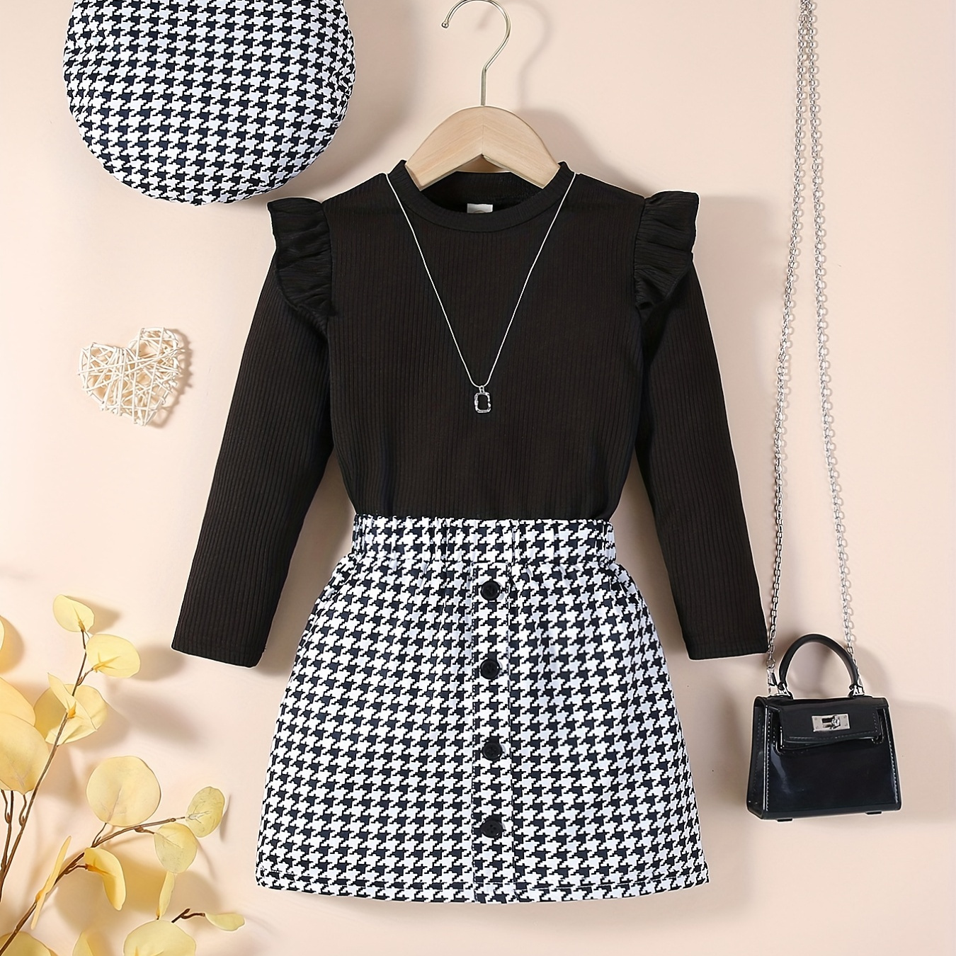 

Girl's Elegant 3pcs, Ribbed Long Sleeve Top & Beret Hat & Houndstooth Skirt Set, Button Decor Casual Outfits, Kids Clothes For Spring Autumn Winter