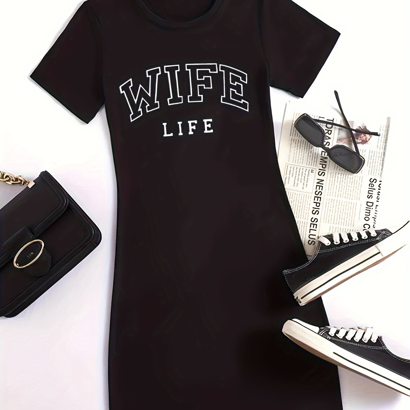 

Wife Life Print Crew Neck Dress, Chic Short Sleeve Dress For Spring & Summer, Women's Clothing