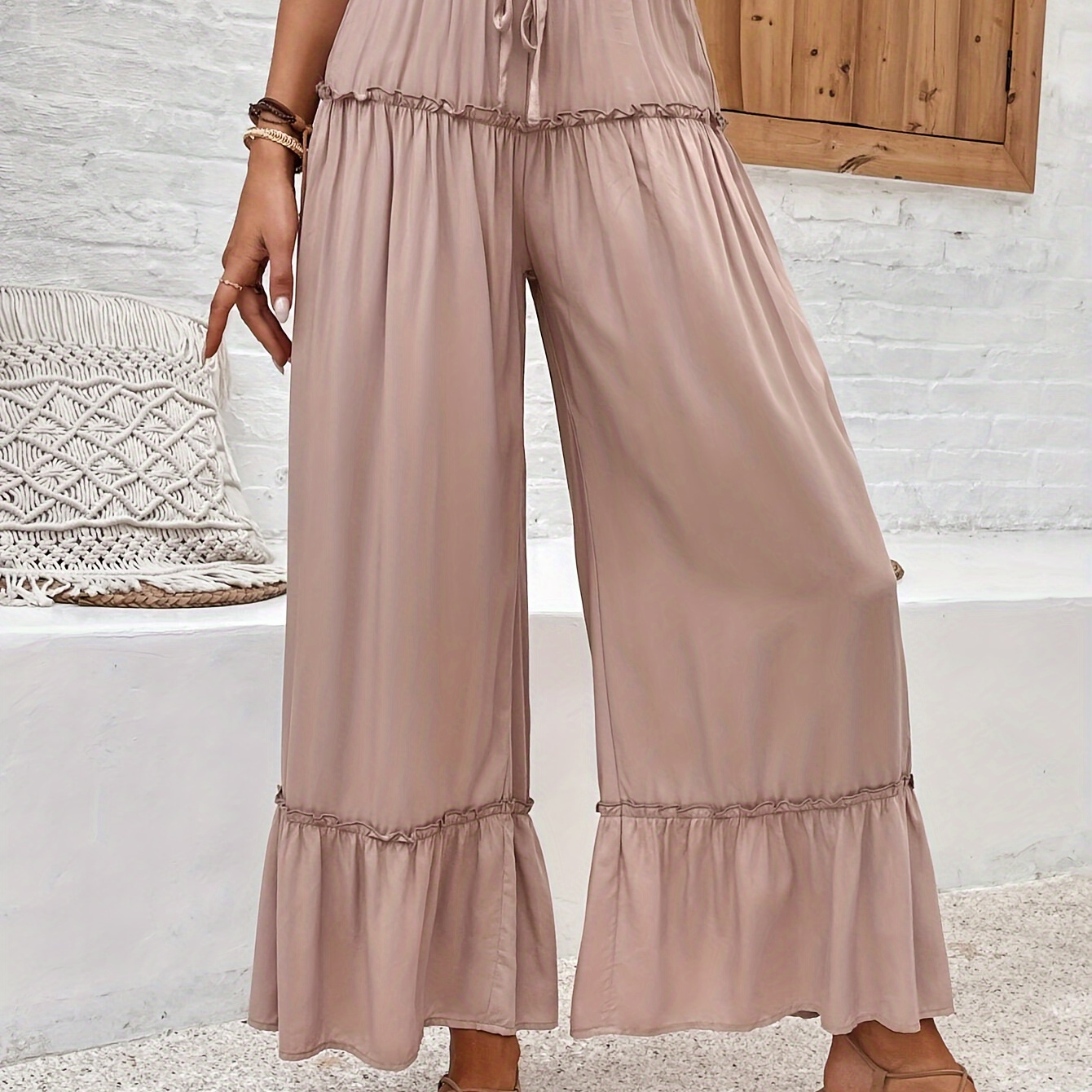 

Ruffle Trim Wide Leg Pants, Casual Solid Color Drawstring Waist Loose Pants For Spring & Summer, Women's Clothing