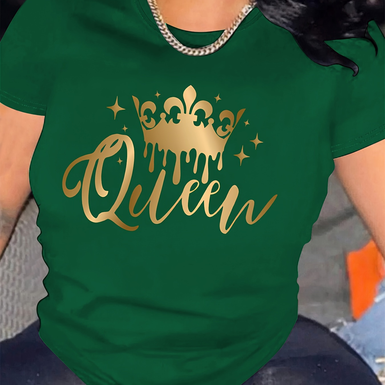 

Women's Casual Sports T-shirt Top, Plus Size Golden Crown & Letter Print Stretchy Round Neck Breathable Short Sleeve Fitness Tee Top