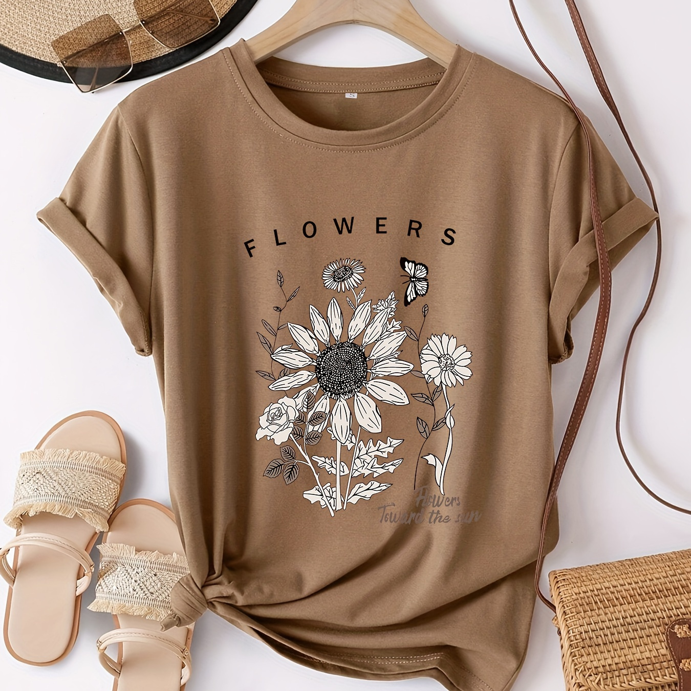 

Floral Print Crew Neck T-shirt, Casual Short Sleeve T-shirt For Spring & Summer, Women's Clothing