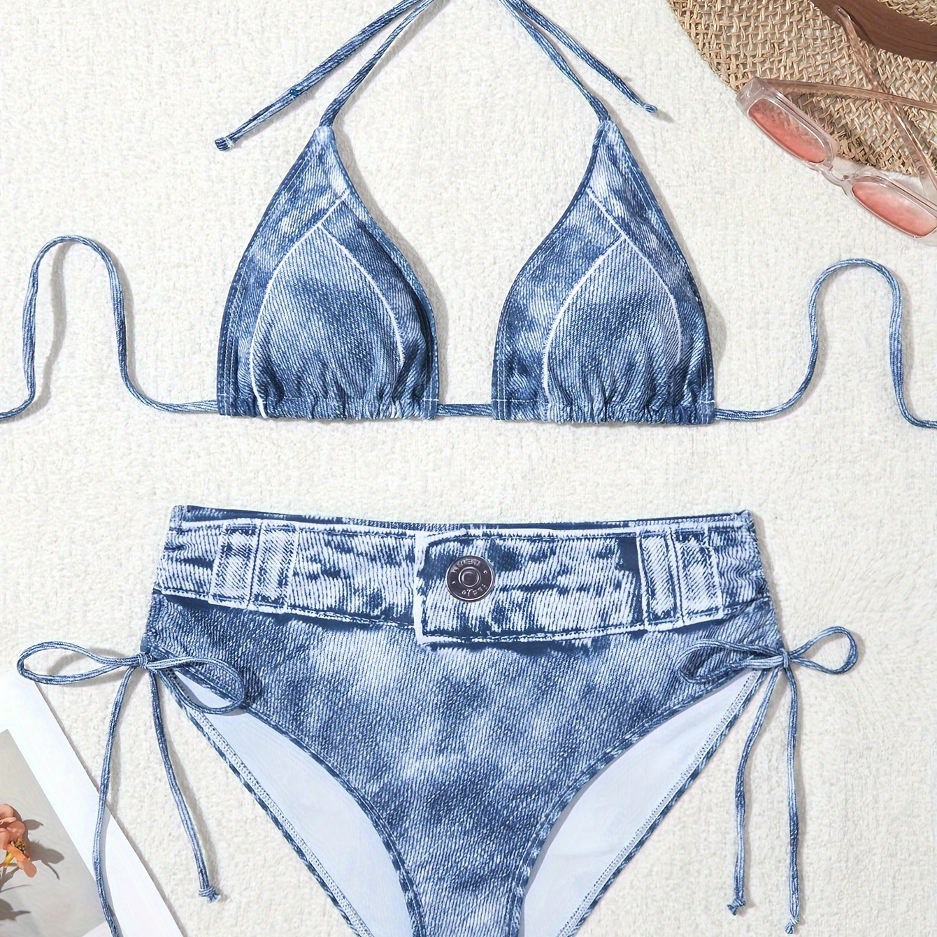 

Women's Denim Print Bikini Set, High-stretch Two-piece Swimsuit With Drawstring Detail, Fashionable Beachwear