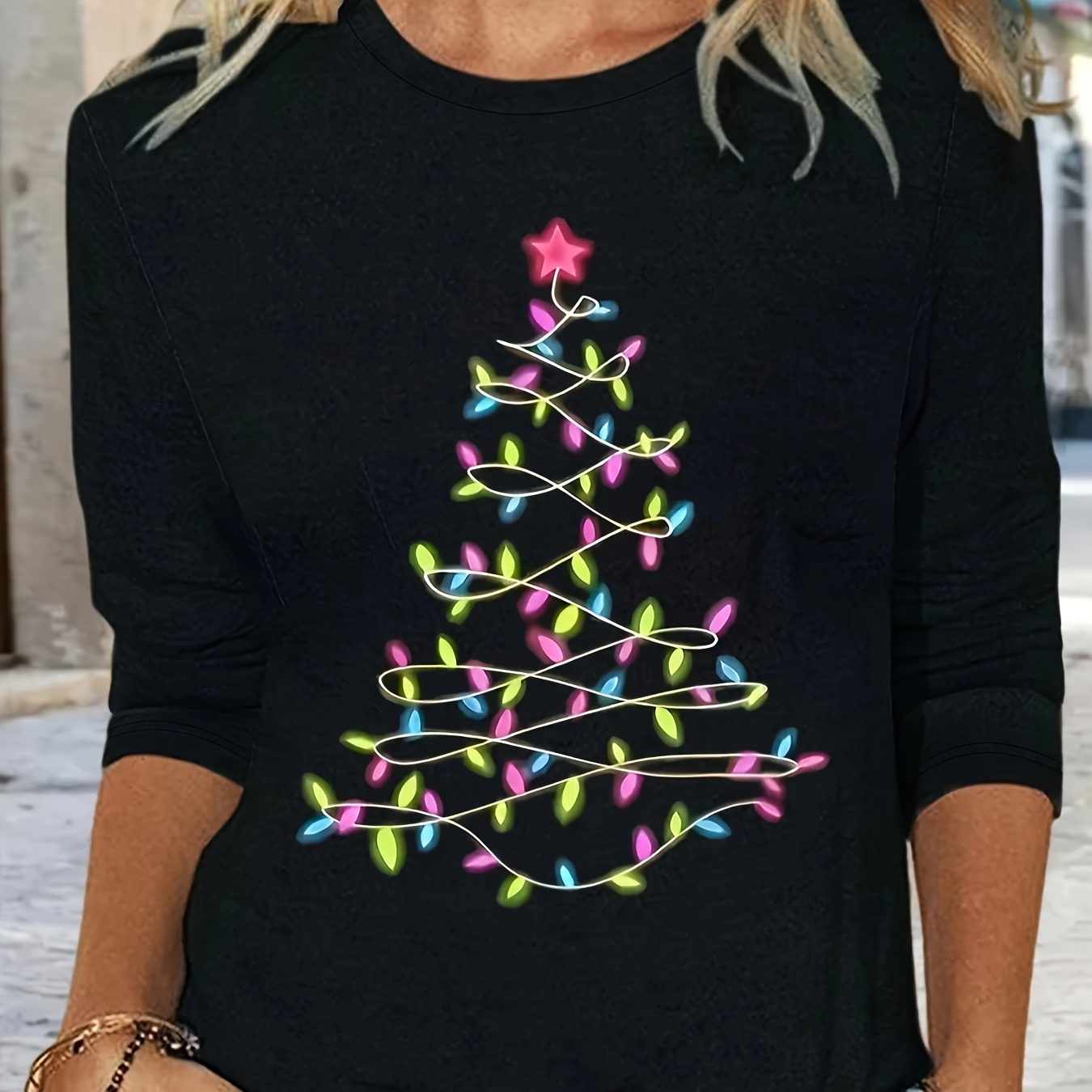 

Christmas Tree Neck T-shirt, Casual Long Sleeve T-shirt For Spring & Fall, Women's Clothing