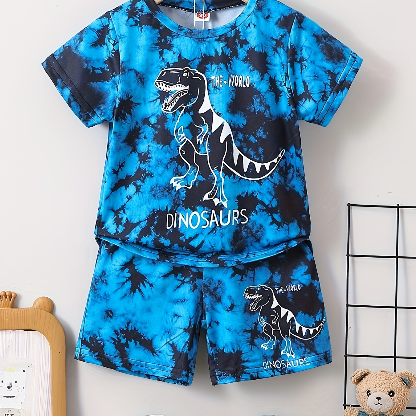 

2pcs Boys Casual Tie Dye Dinosaur Graphic Print Short Sleeve T-shirt & Shorts Set, Comfy Summer Boys Clothes
