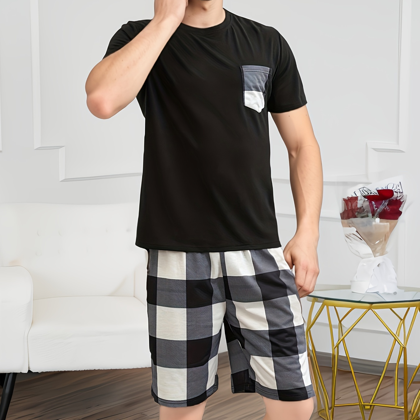 

2 Pcs Men's Cool Short T-shirts With Pocket & Plaid Shorts Pajama Sets, Comfortable & Skin-friendly Style Pajamas For Men's Cozy Loungewear