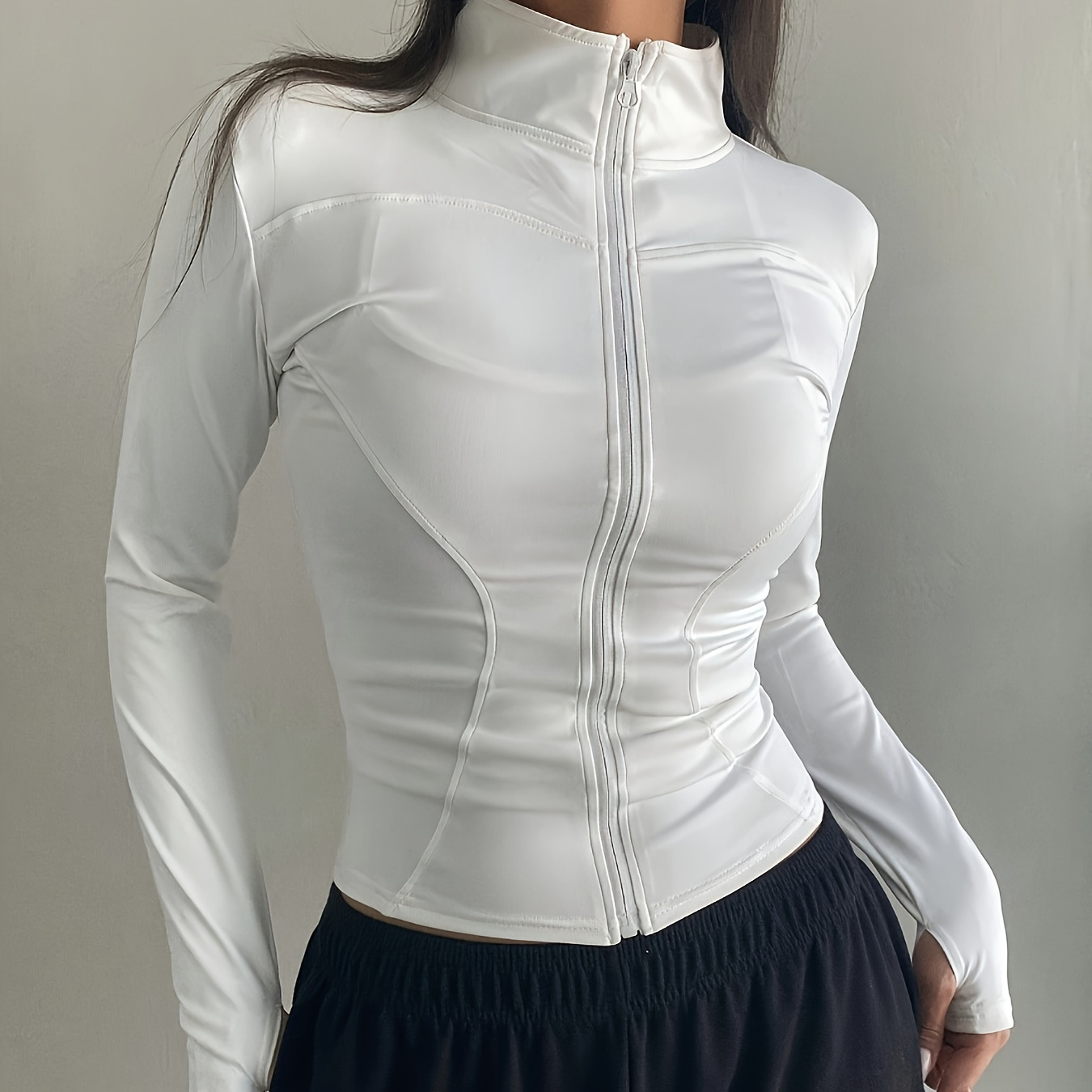 

Haut Ajusté À Fermeture Éclair Unie, Col Montant Polyvalent, Veste Simple À Manches Longues Pour Le Printemps Et L'été, Vêtements Pour Femmes