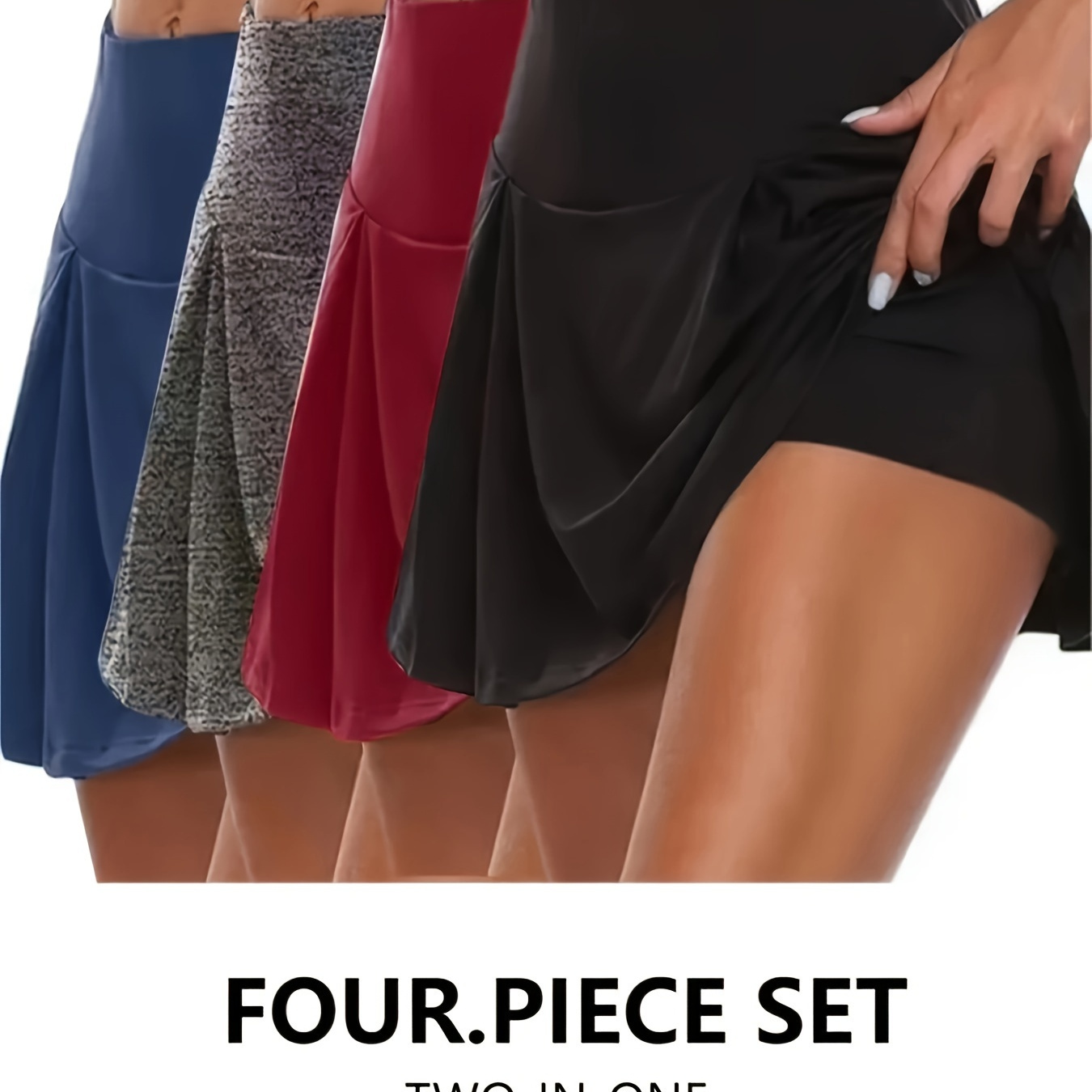 

4-pack Plus Size Women's Athletic Skorts, Solid Pleated 2-in-1 Sports Exercise Yoga Skirted Shorts, Casual Spring Summer Fashion Workout Skorts