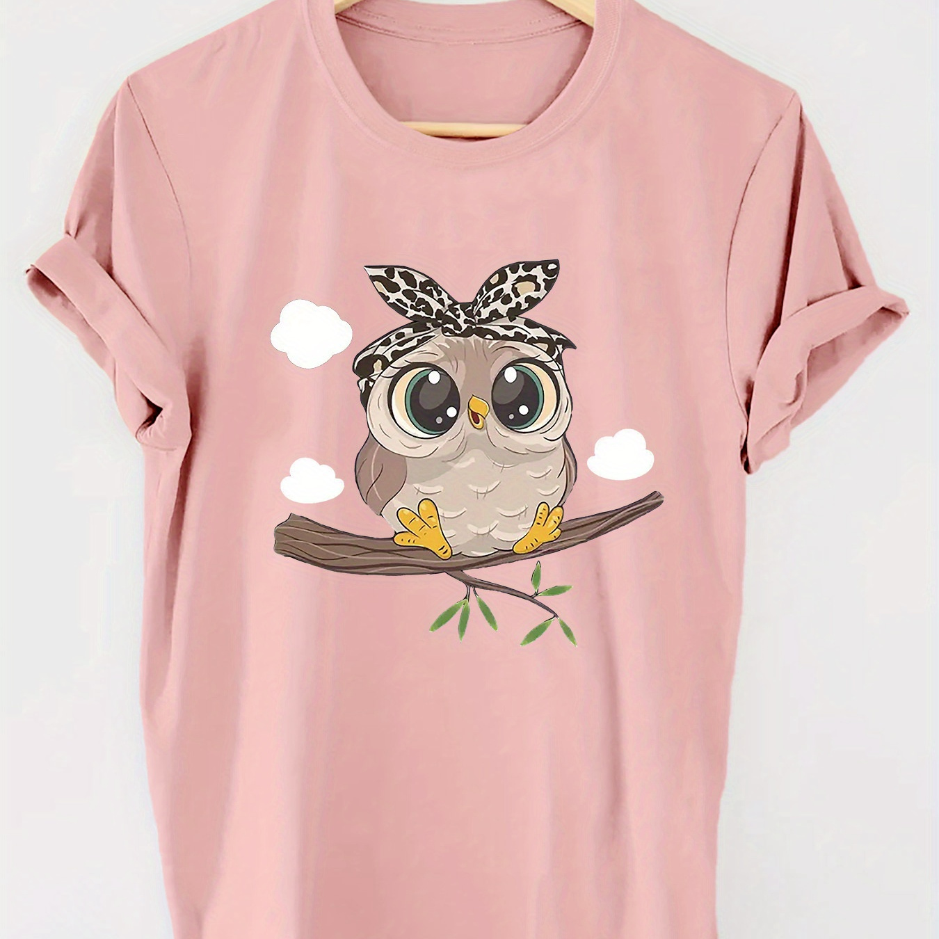 

Owl Print Crew Neck T-shirt, Short Sleeve Casual Top For Summer & Spring, Women's Clothing