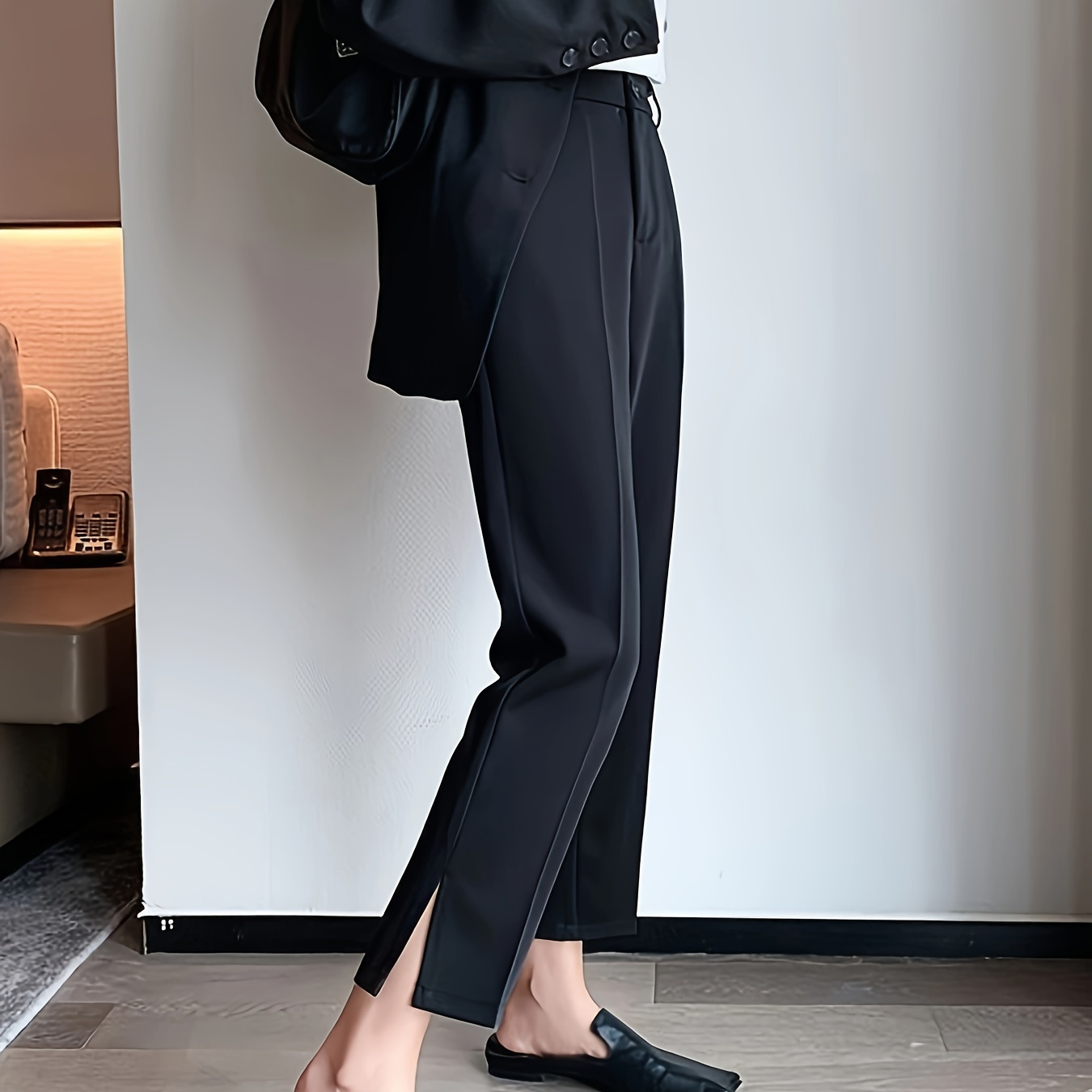 

Solid Color Tapered Suit Pants, Elegant Split Hem Cropped Pants For Work & Office, Women's Clothing