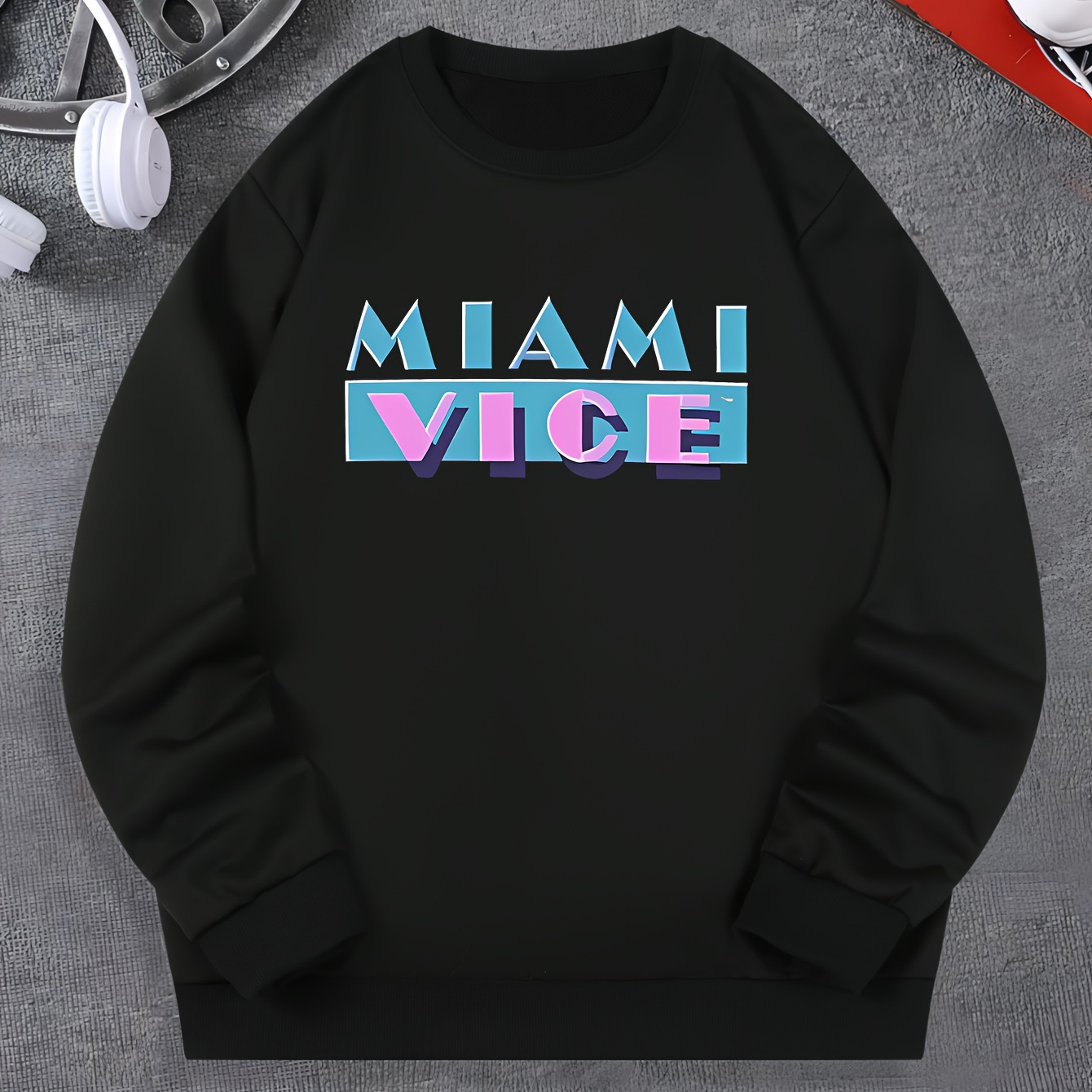 

Mimi Vice Print Fashionable Men's Casual Long Sleeve Crew Neck Pullover Sweatshirt, Suitable For Outdoor Sports, For Autumn Spring, Can Be Paired With Hip-hop Necklace, As Gifts