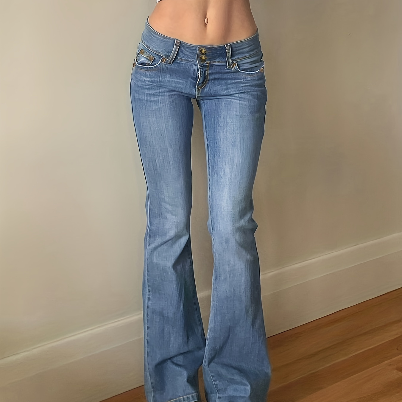 Blue Wide Legs Denim Pants, Slash Pockets High-Stretch Baggy Denim Pants, Women's Denim Jeans & Clothing