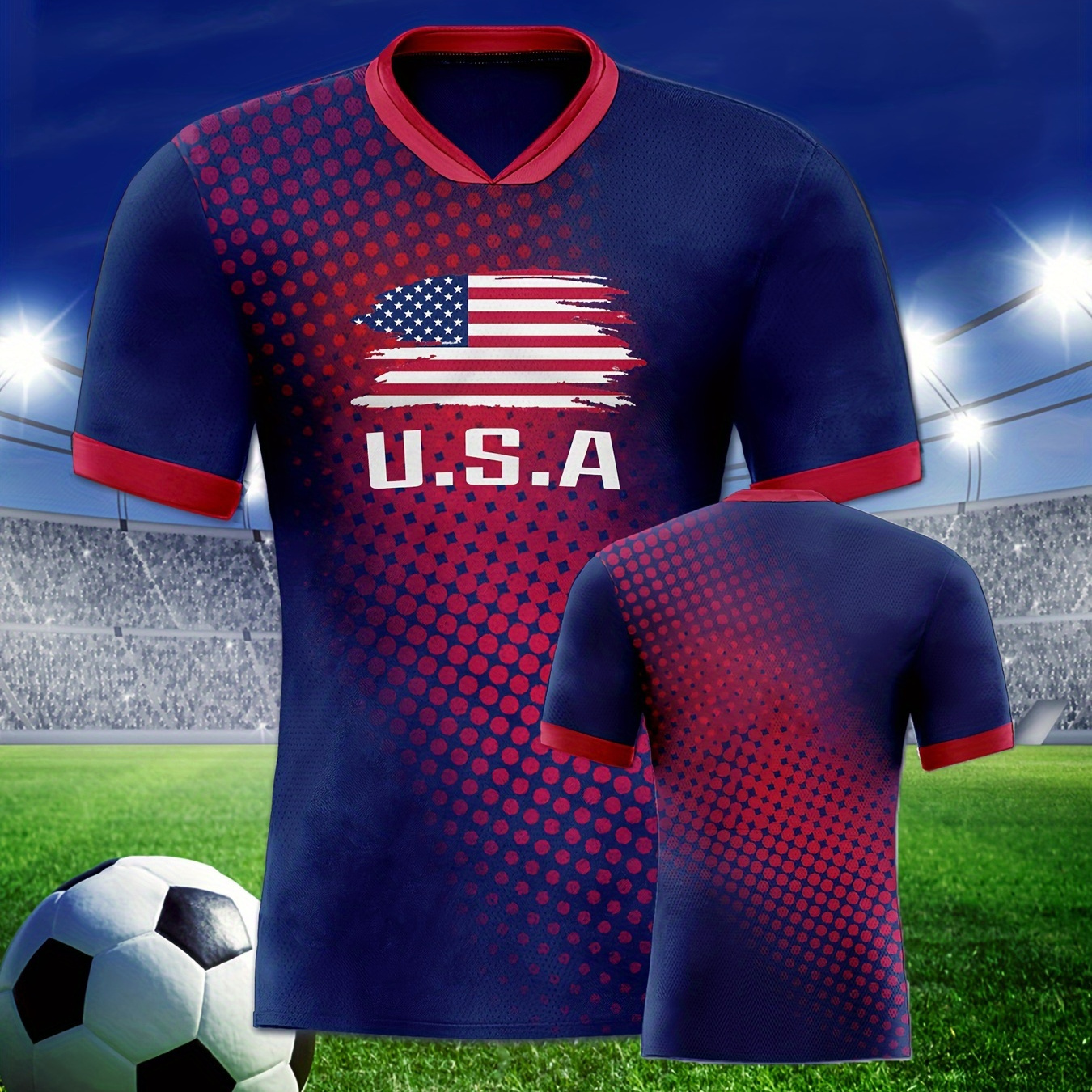 

Men's Usa Flag Soccer Jersey T-shirt - Patriotic Home & Sports Wear, Breathable Polyester, Short Sleeve, Round Neck, Machine Washable, Summer-ready With Creative Pattern Print For Casual & Athletic