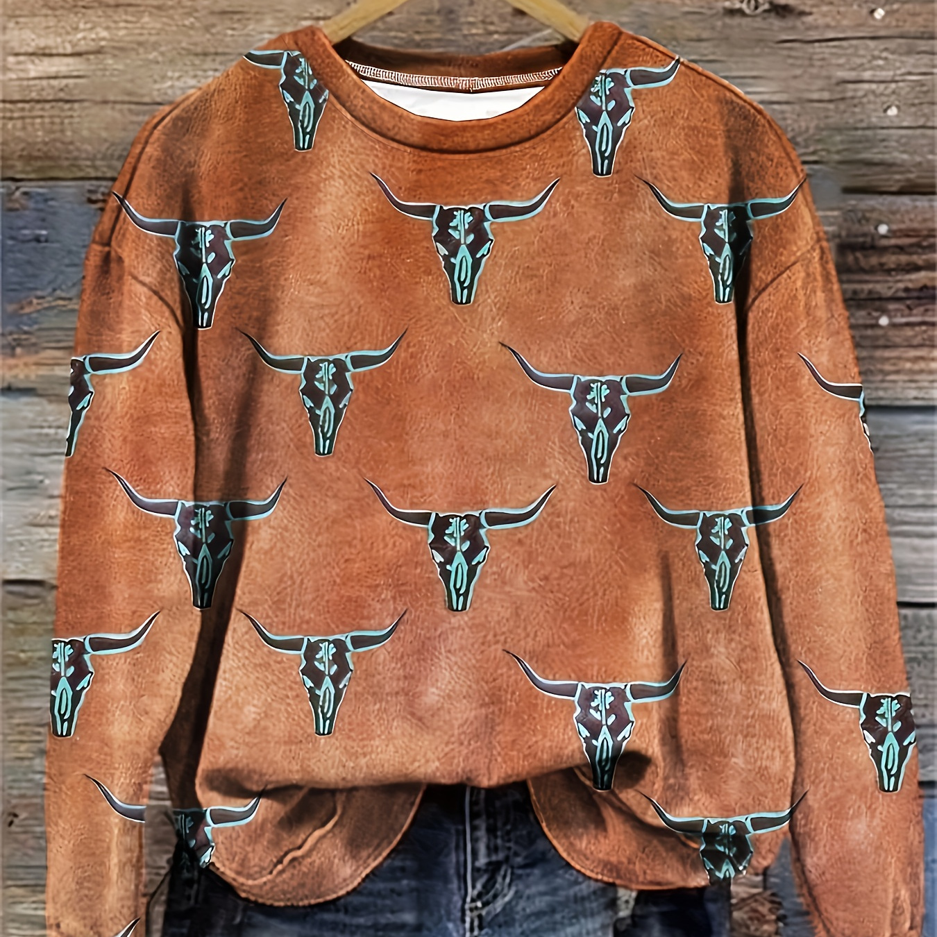 

Cow Skull Print Pullover Sweatshirt, Casual Long Sleeve Crew Neck Sweatshirt For Fall & Winter, Women's Clothing