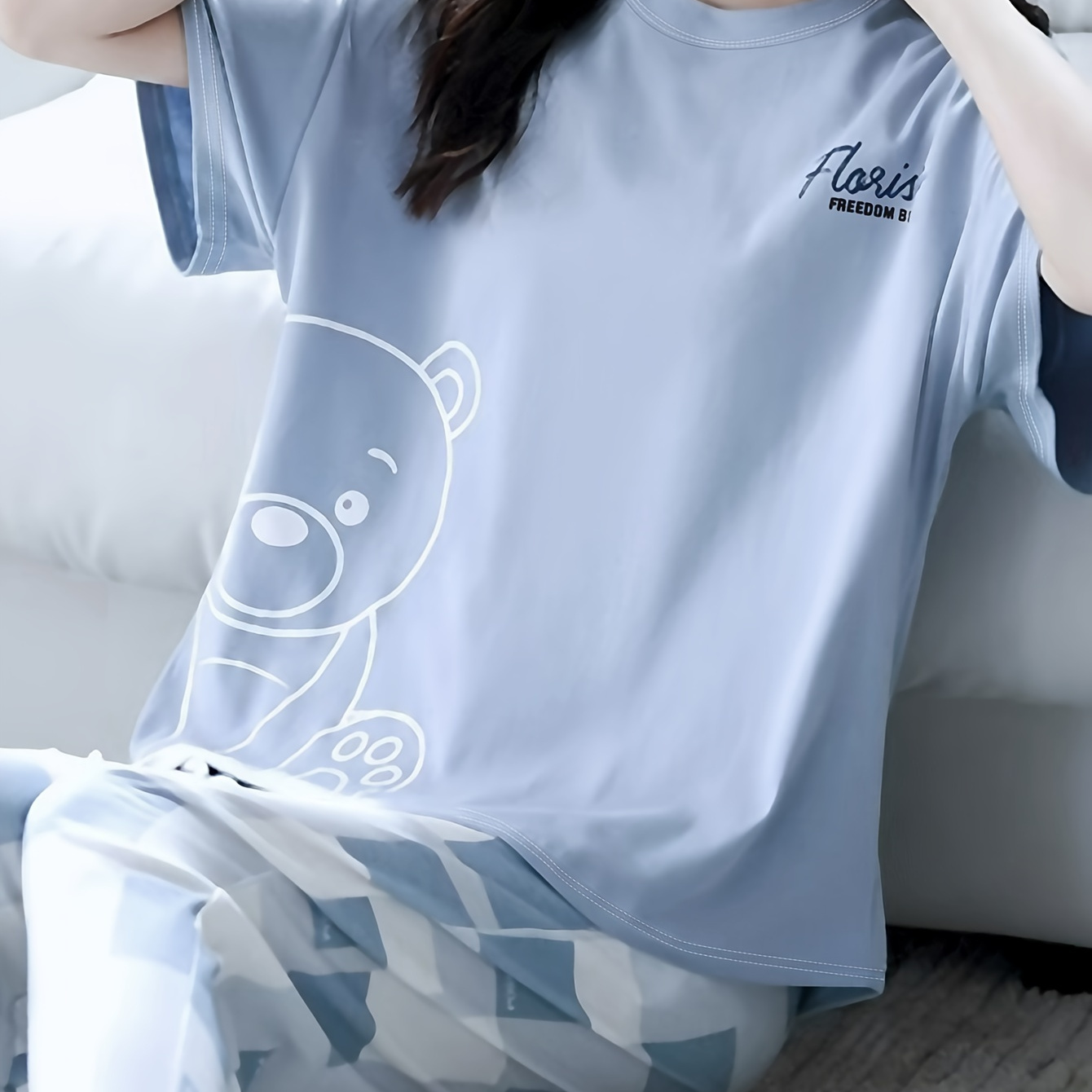 

2pcs Set Bear Letter Print Short Sleeve Round Neck Top Waist Pants Pajama Set Women's Short Sleeve Waist Long Pants Pajama Set