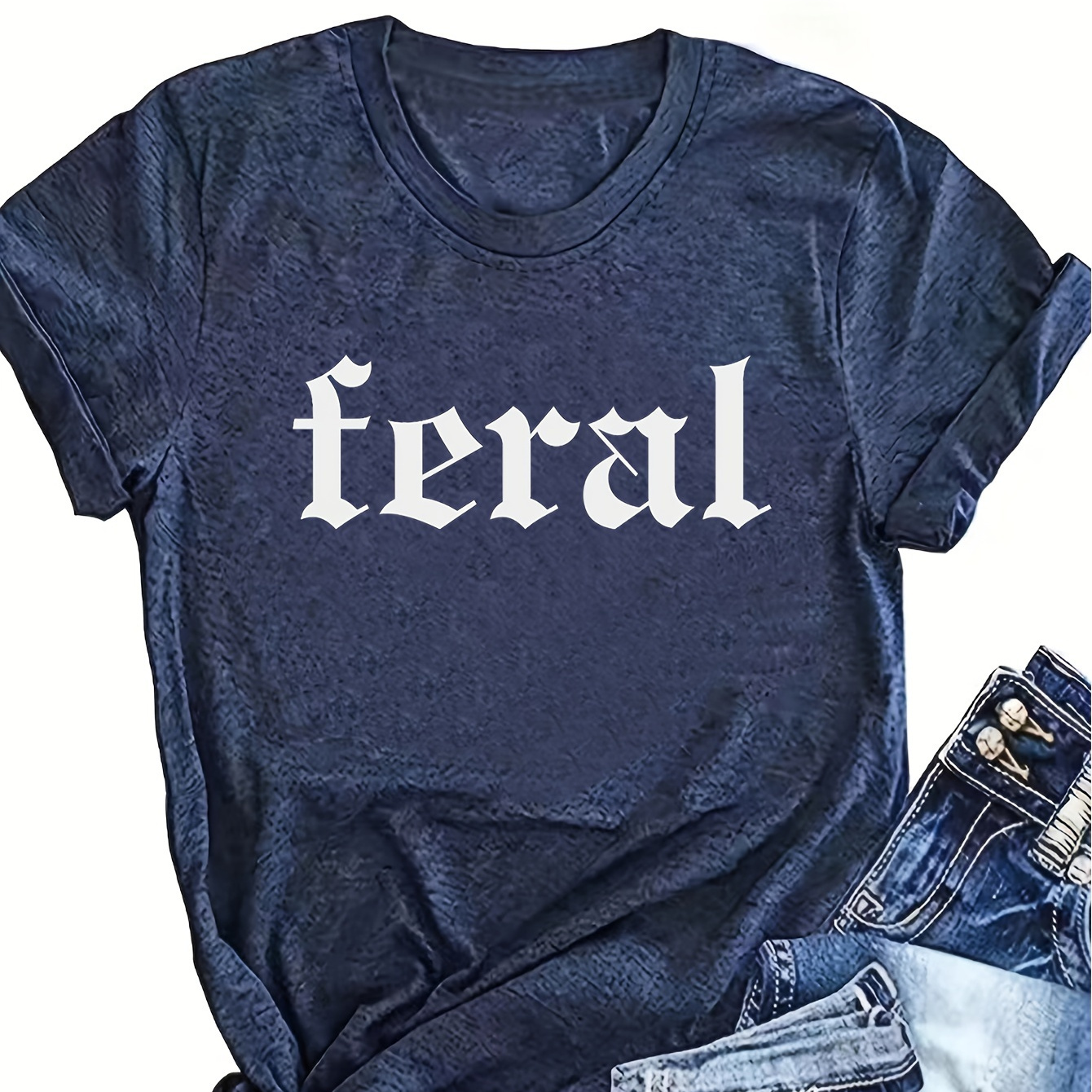 

Feral Neck T-shirt, Casual Short Sleeve Top For , Women's Clothing