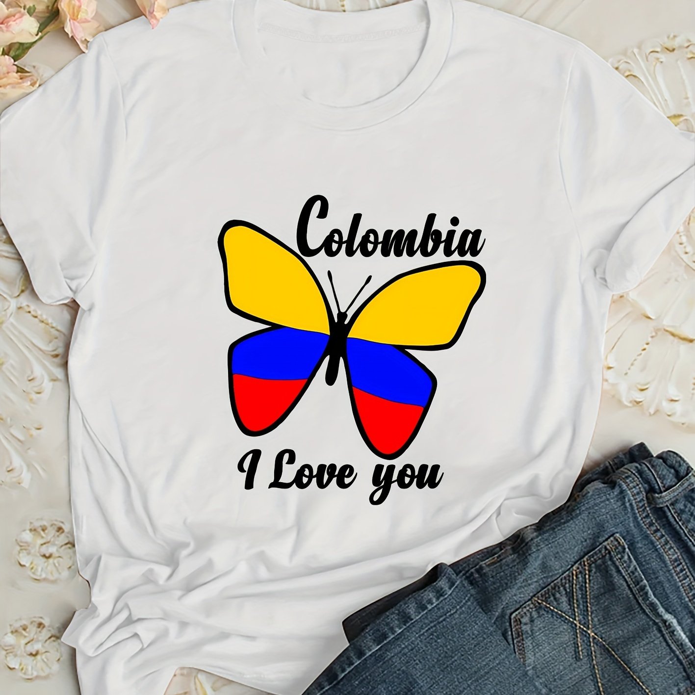 

Fashionable Butterfly Alphabet Print Round Neck Short-sleeved T-shirt For Women In Spring And Summer