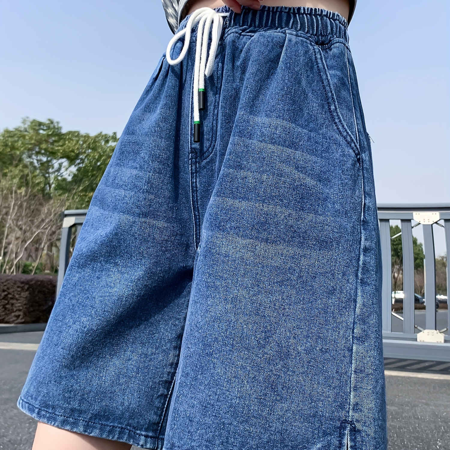 

Women's Plus Size High Waisted A-line Denim Shorts For Summer With Pockets, Elastic Waist Drawstring Wide Leg Loose Jean Shorts For Women, Casual Blue Color Comfy Denim Bottoms, Women's Clothing