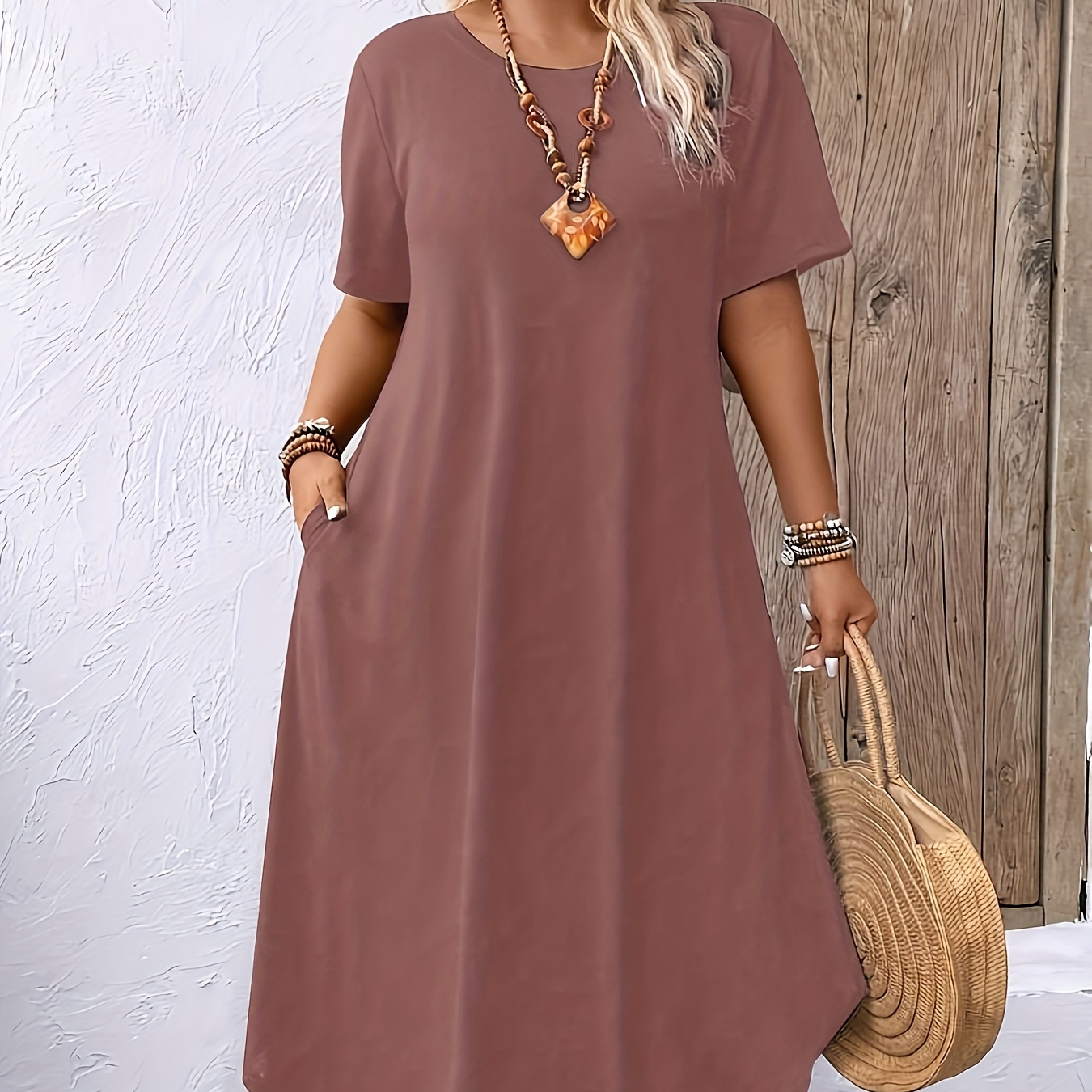 

Plus Size Midi Dress - Polyester Crew Neck Short Sleeve Knit Fabric Pullover With Medium Stretch, Mermaid Hem, Fit And Flare Silhouette For Spring/summer/fall Weekend Casual Wear