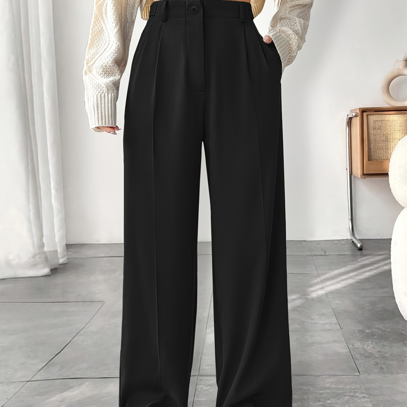 

Elegant Wide-leg Suit Pants For Women, Solid Color Trousers, Loose Fit, With Slant Pockets, Button Fly Closure, For Spring/summer/fall - Mature Style Woven Long Pants